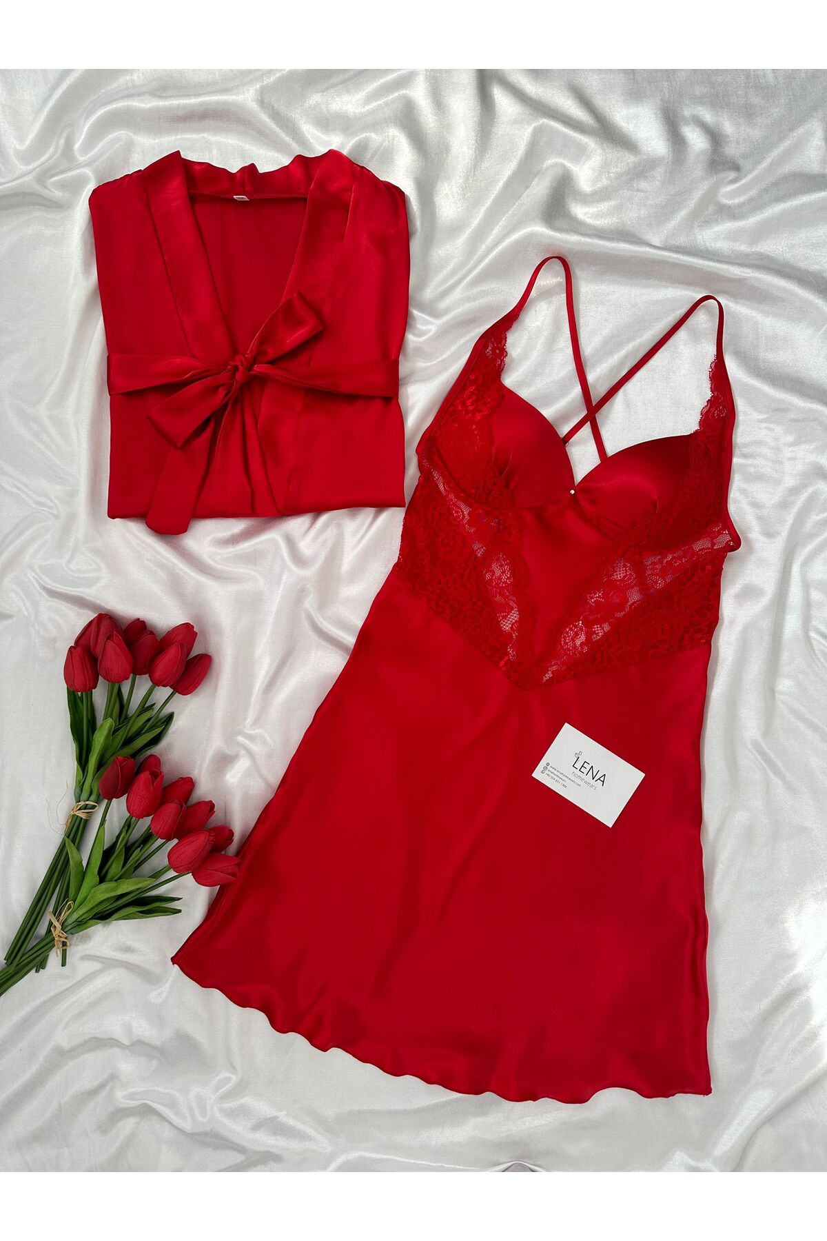 Lena Homewears Kırmızı Delüks Ipeksi Saten Seti