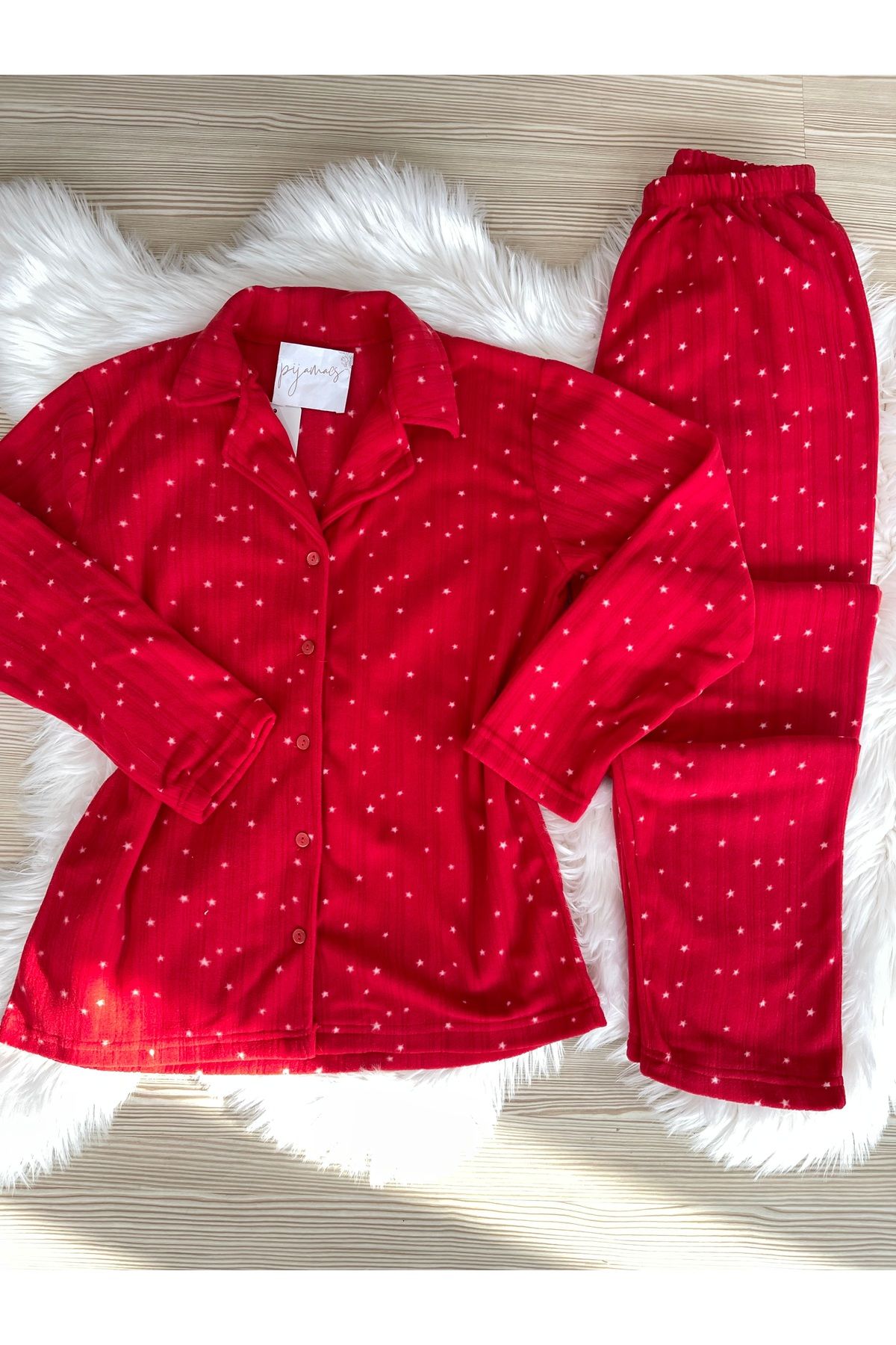 Pijamacs-Fleece Pajama Set - Red Star Pattern, Buttoned Front 8