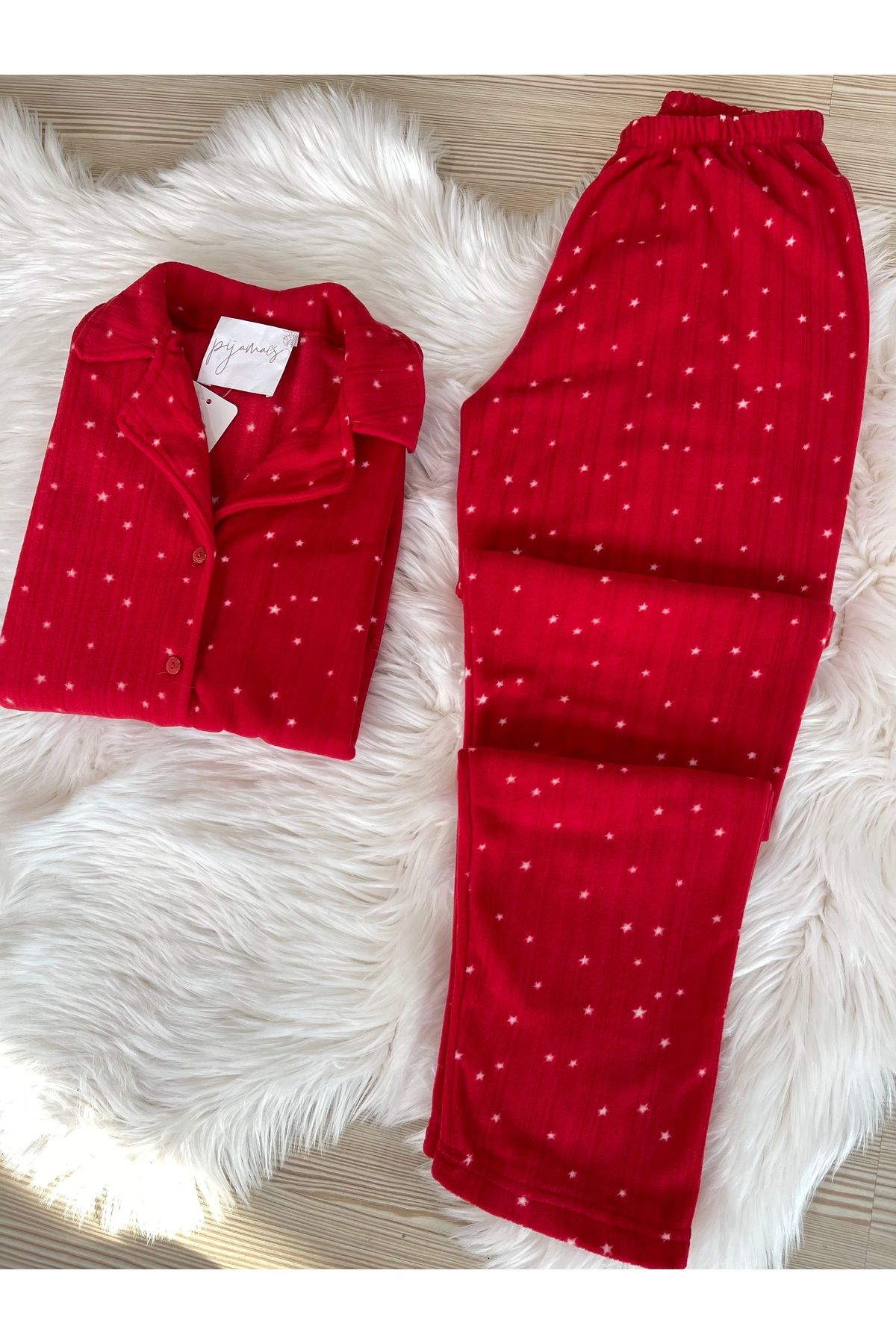 Pijamacs-Fleece Pajama Set - Red Star Pattern, Buttoned Front 5