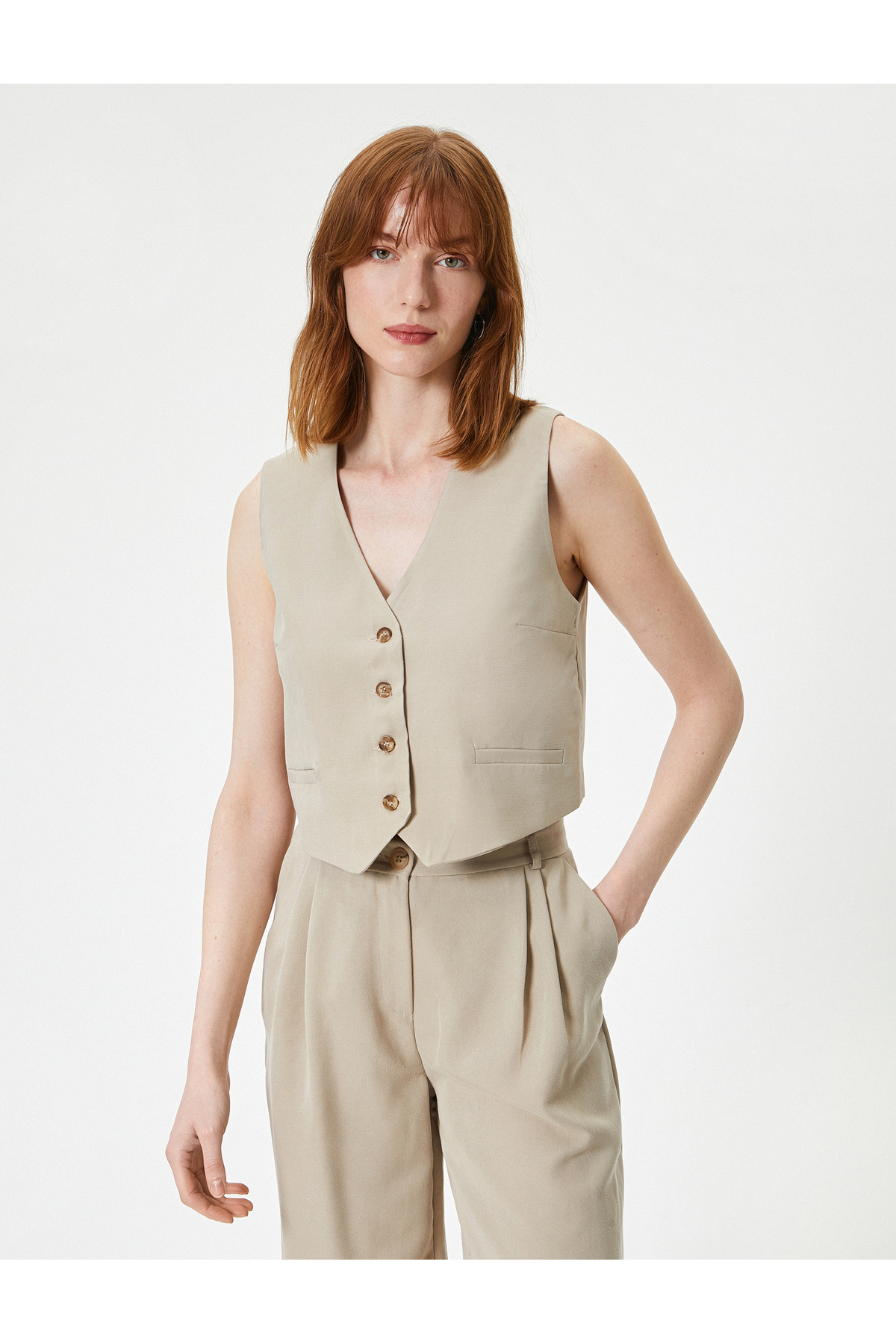 Koton-Blazer Vest V Neck Buttoned Fleto Pocket 3