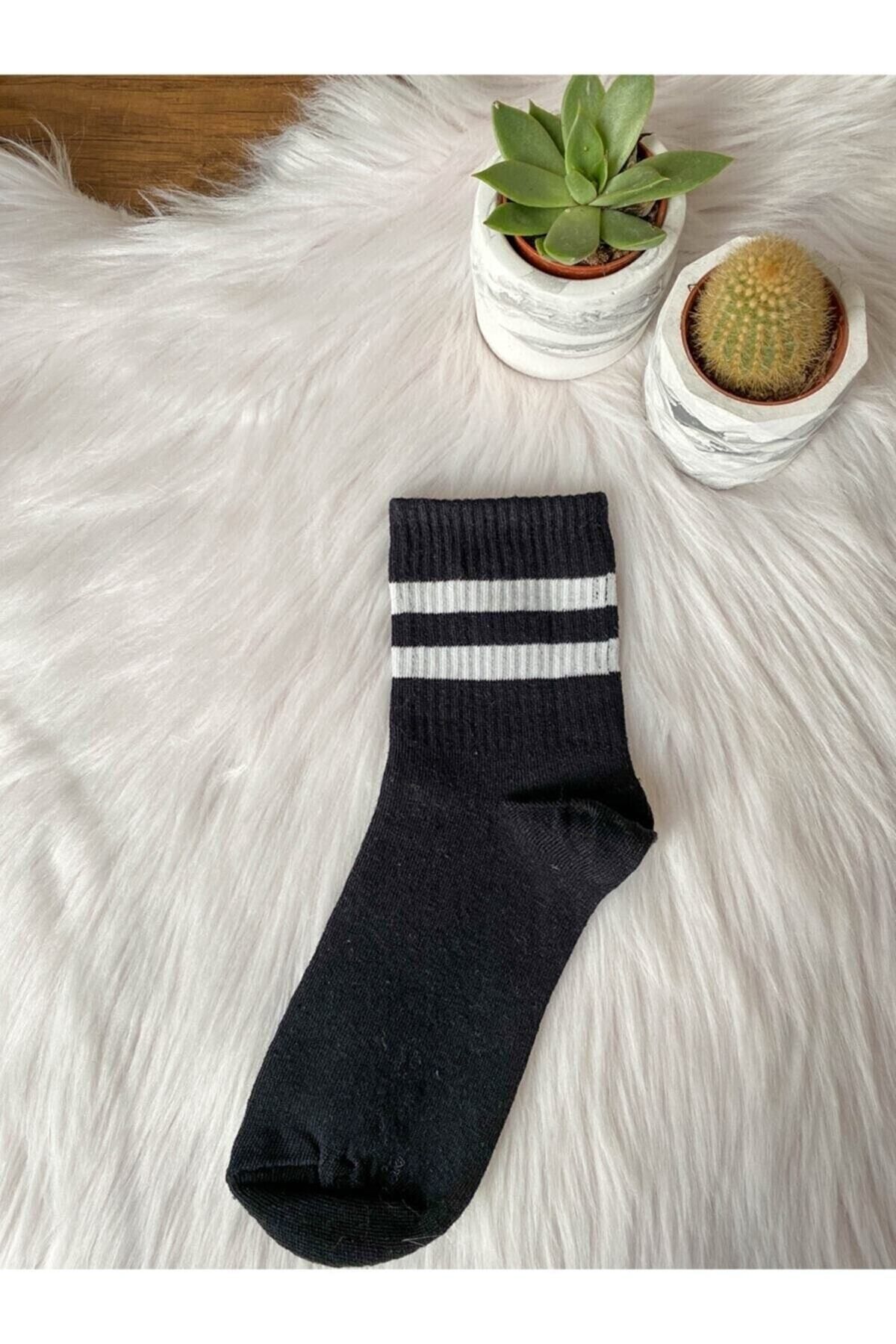 SİERNA Unisex Siyah Kolej Tenis Çorap Çizgili 4'lü Paket Şeklinde srn-004317
