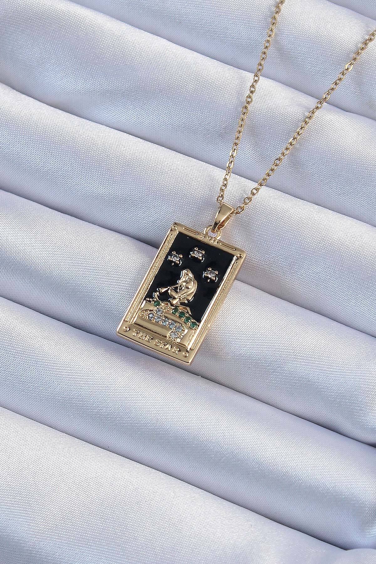 KfksStore 316L Çelik Zincir Altın Renk Zirkon Taşlı Siyah Mineli Kız Figürlü Tarot Kolye
