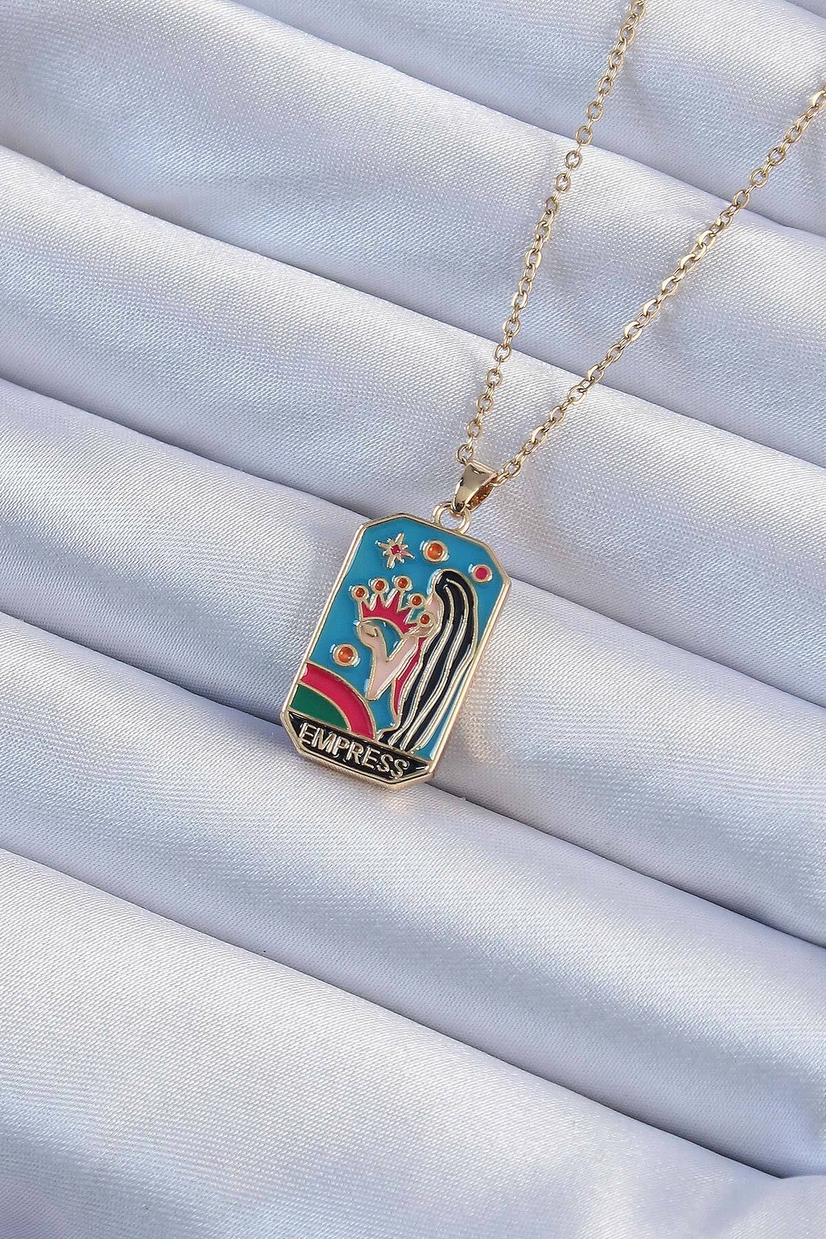 mk global 316L Çelik Zincir Altın Renk Taç ve Kız Figürlü Renkli Mineli Tarot Kolye