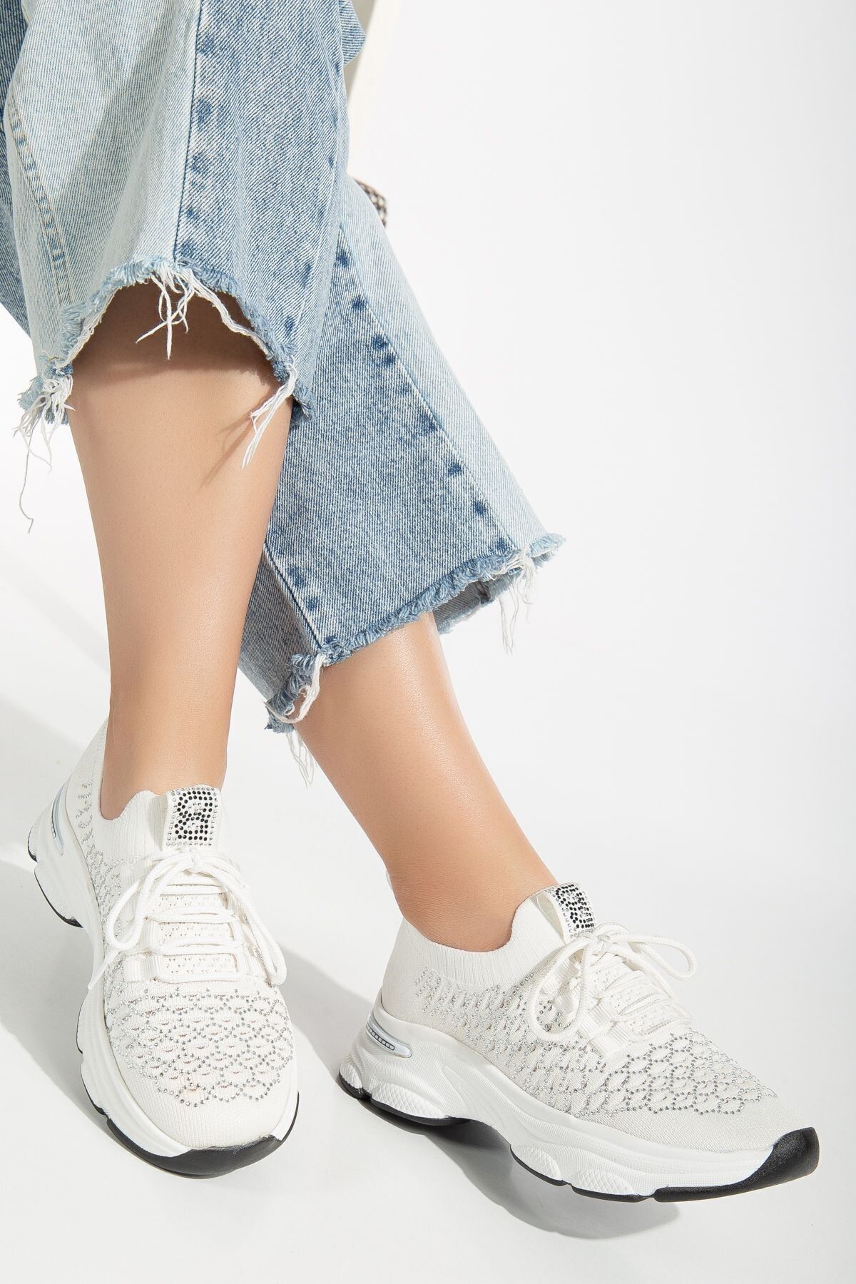 royalmoni Shine Triko Beyaz Taşlı Günlük Rahat Konforlu Kadın Spor Ayakkabı Sneaker