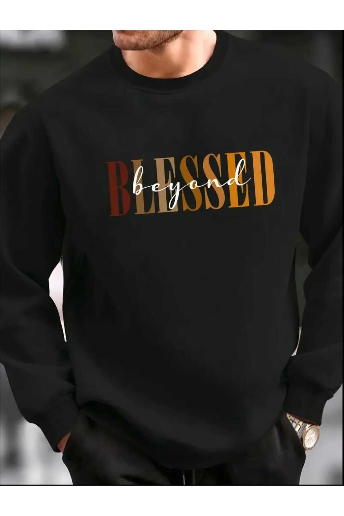JENOLAN Blessed Blessed Printed Crew Neck Oversize Black White Gray Men's Sweatshirt