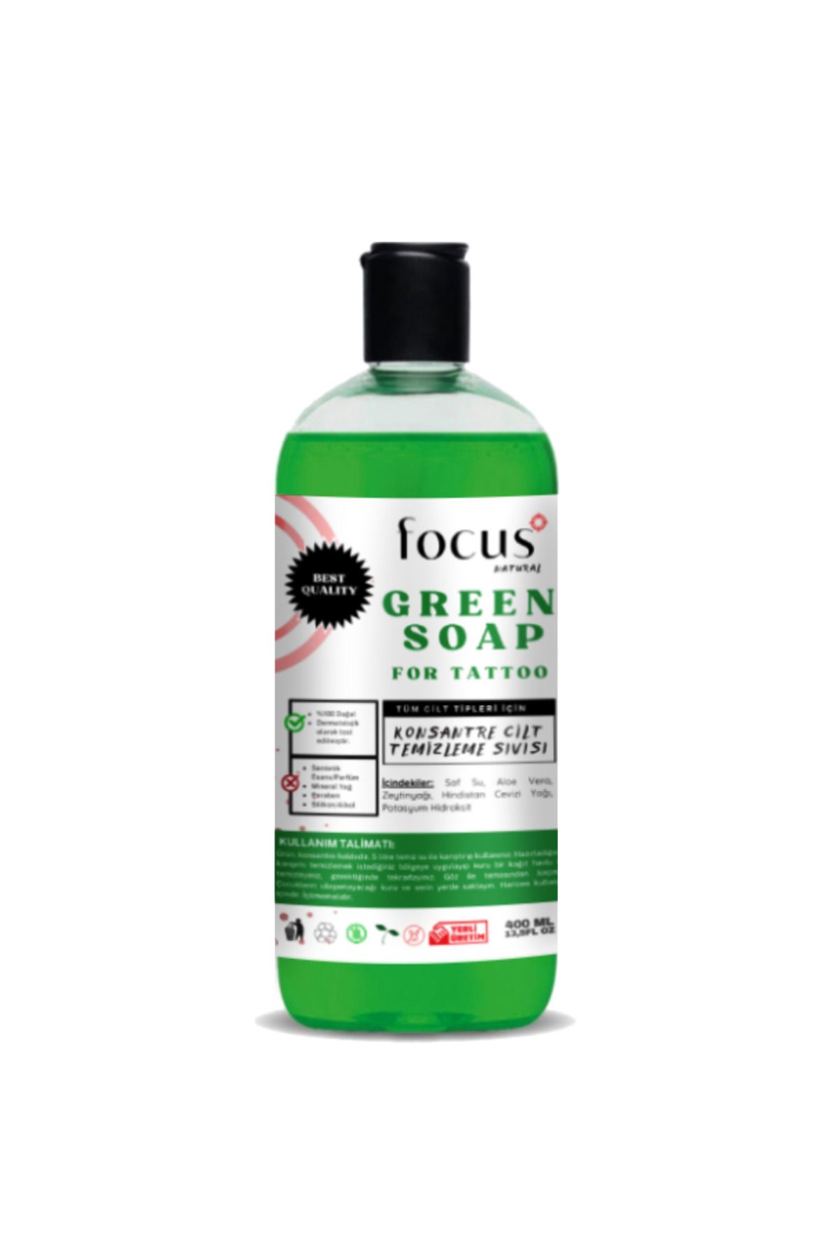 Focus Natural Green Soap Tattoo Temizleme Sıvısı 400ml Dövme Kalıcı Makyaj Microblading Yeşil Sabun Su