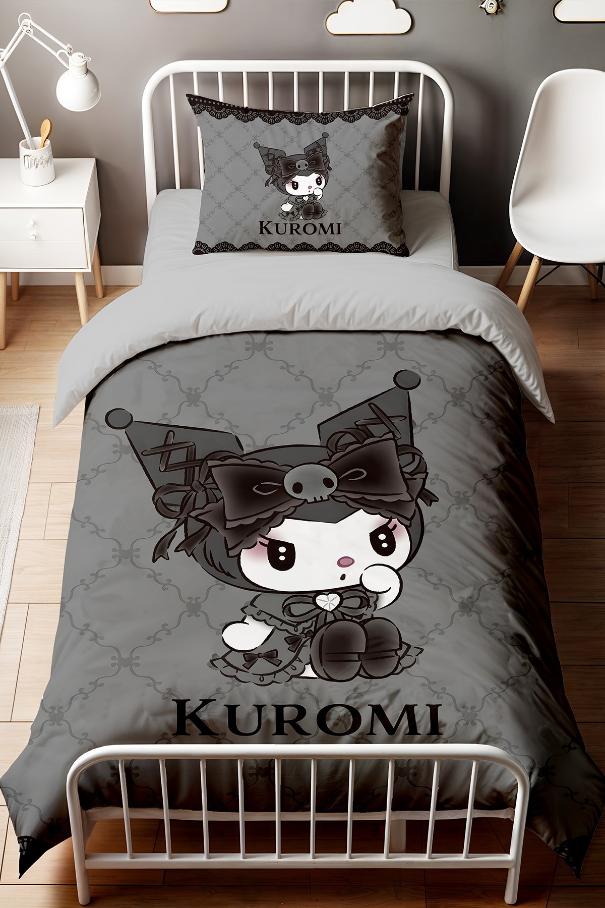 Evpanya Gri Desenli Utangaç Kuromi Desenli Tek Kişilik Bebek Çocuk Nevresim Seti fotoğrafı 2 (önizleme)