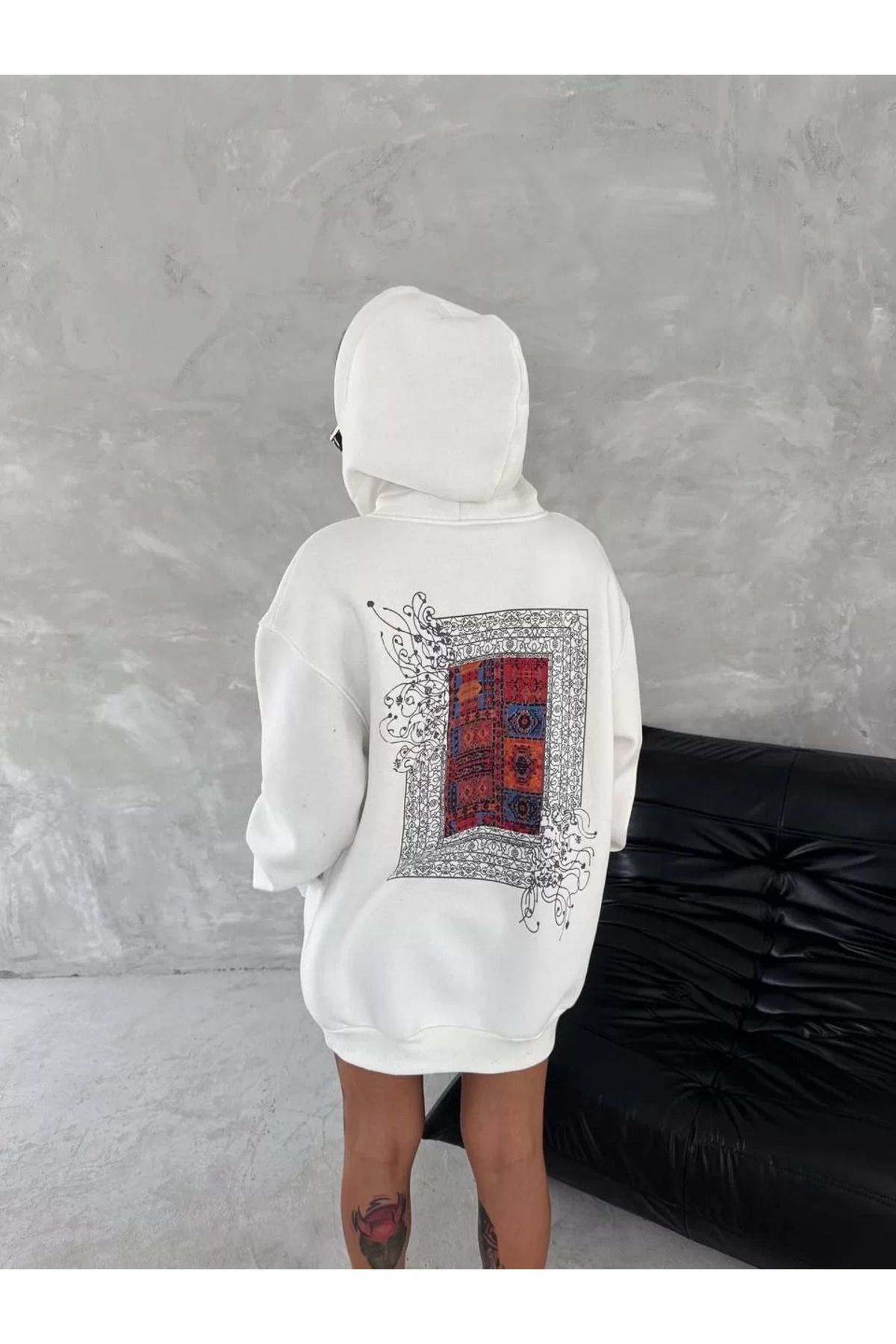 SA Alişveriş Dünyam Uzun Kol Kapüşonlu Ön Ve Arka Baskılı SweatShirt - Beyaz