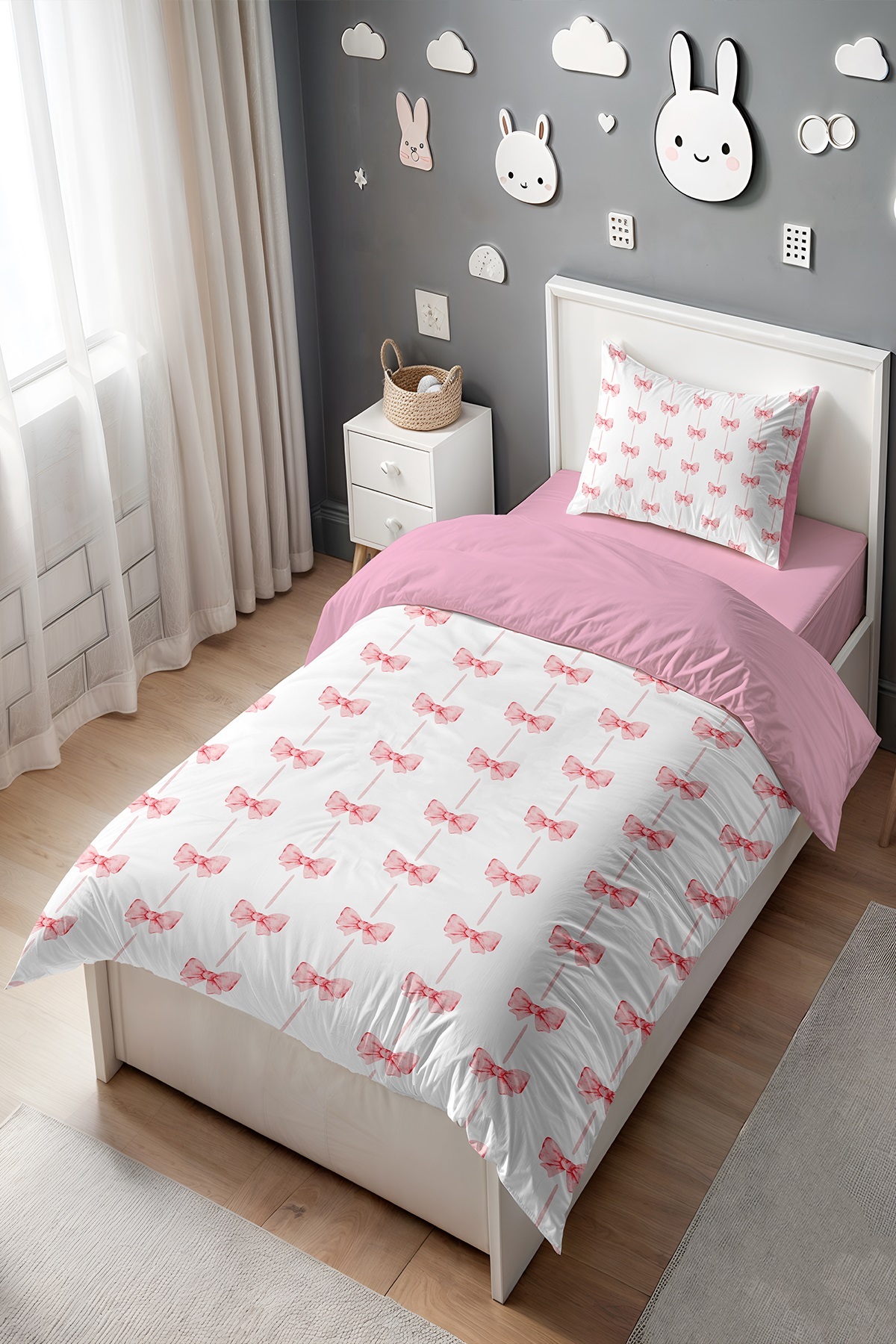 Evpanya Pembe Şeritli Fiyonk Desenli Tek Kişilik Bebek Çocuk Nevresim Seti fotoğrafı 3 (önizleme)