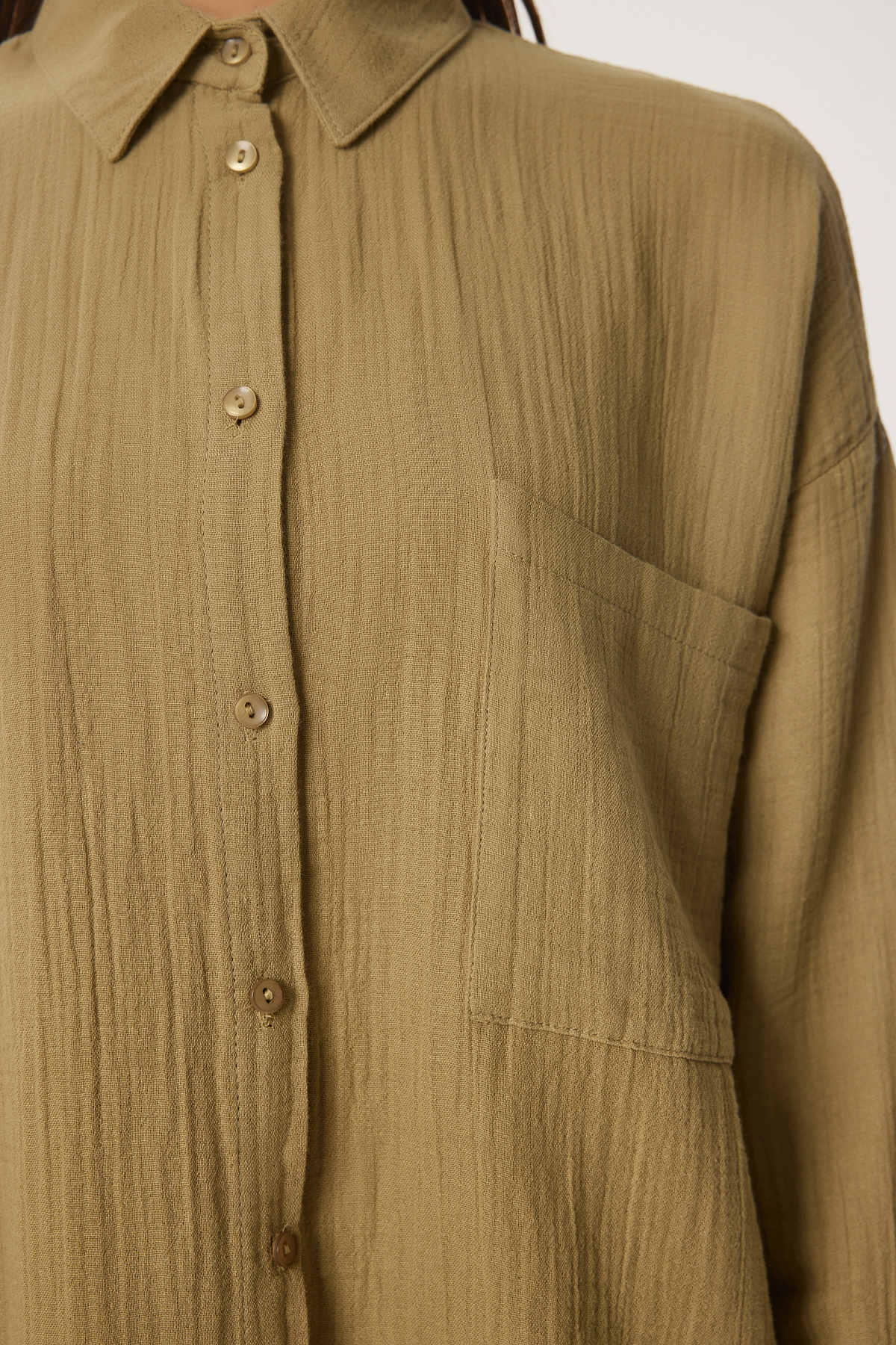 Lovelyİstanbul Oversize Basic Müslin Gömlek YAĞ YEŞİLİ LMX0002 görsel 6