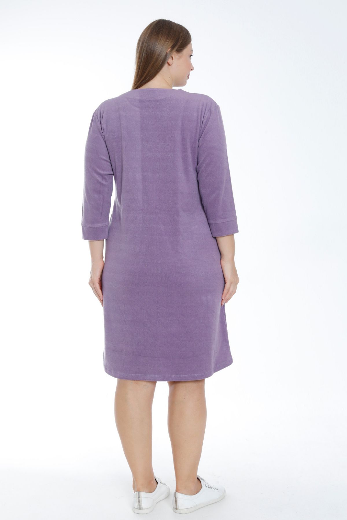 İntensive-Women's Purple Zip-Up Three-Quarter Sleeves Pocket Ribbed Stone Detailed Cotton Terry Plus Size Dress 5