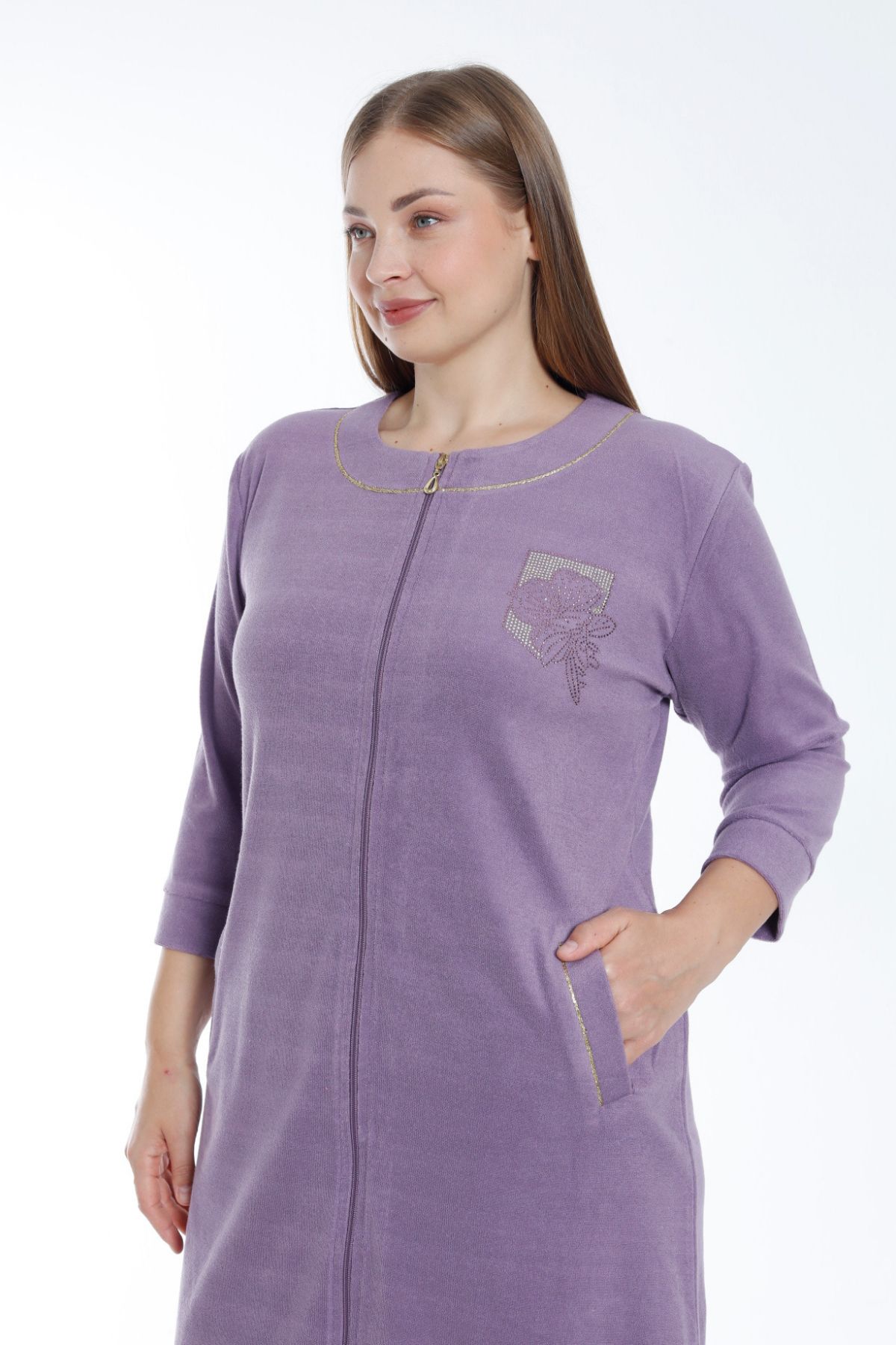 İntensive-Women's Purple Zip-Up Three-Quarter Sleeves Pocket Ribbed Stone Detailed Cotton Terry Plus Size Dress 3