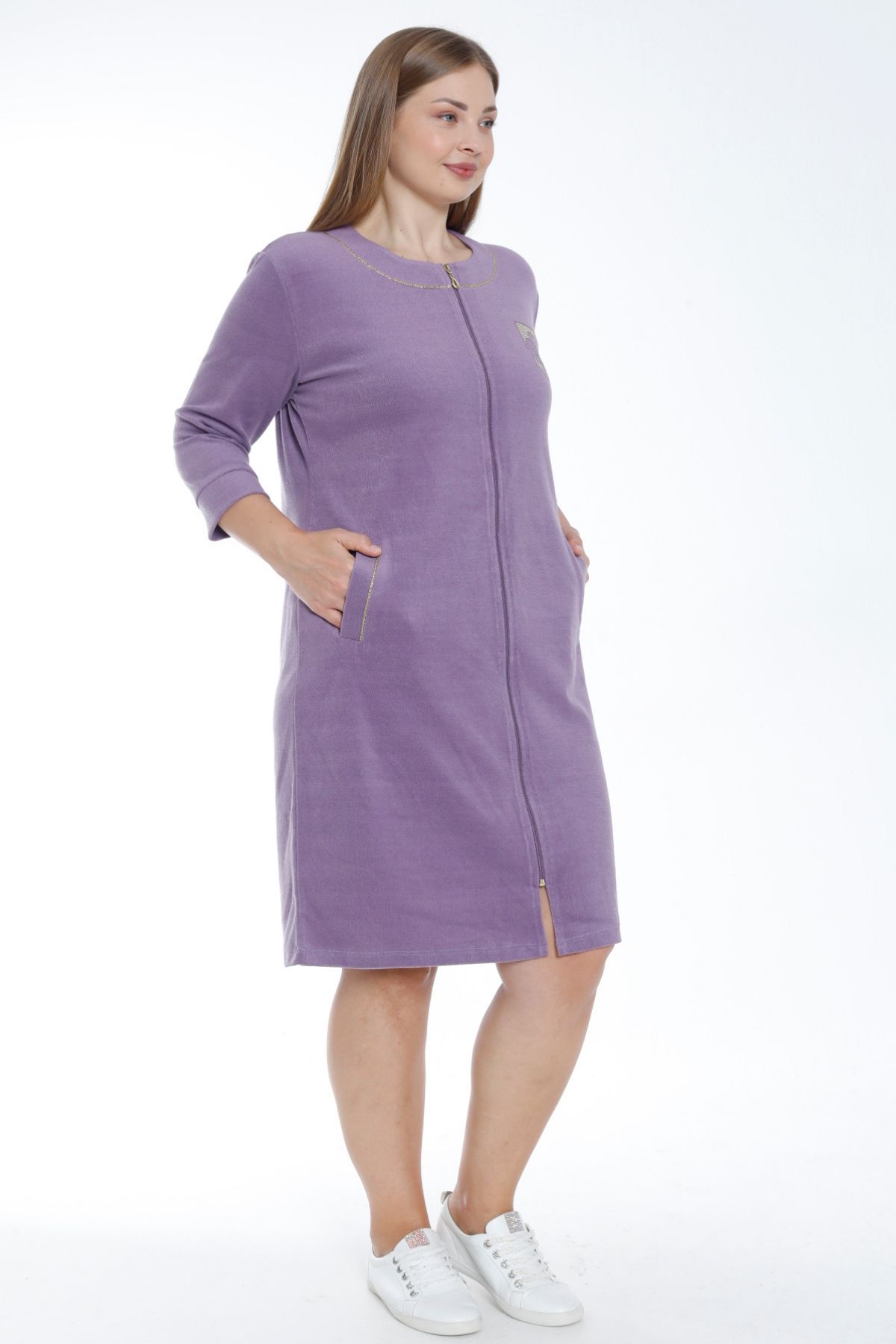 İntensive-Women's Purple Zip-Up Three-Quarter Sleeves Pocket Ribbed Stone Detailed Cotton Terry Plus Size Dress 4