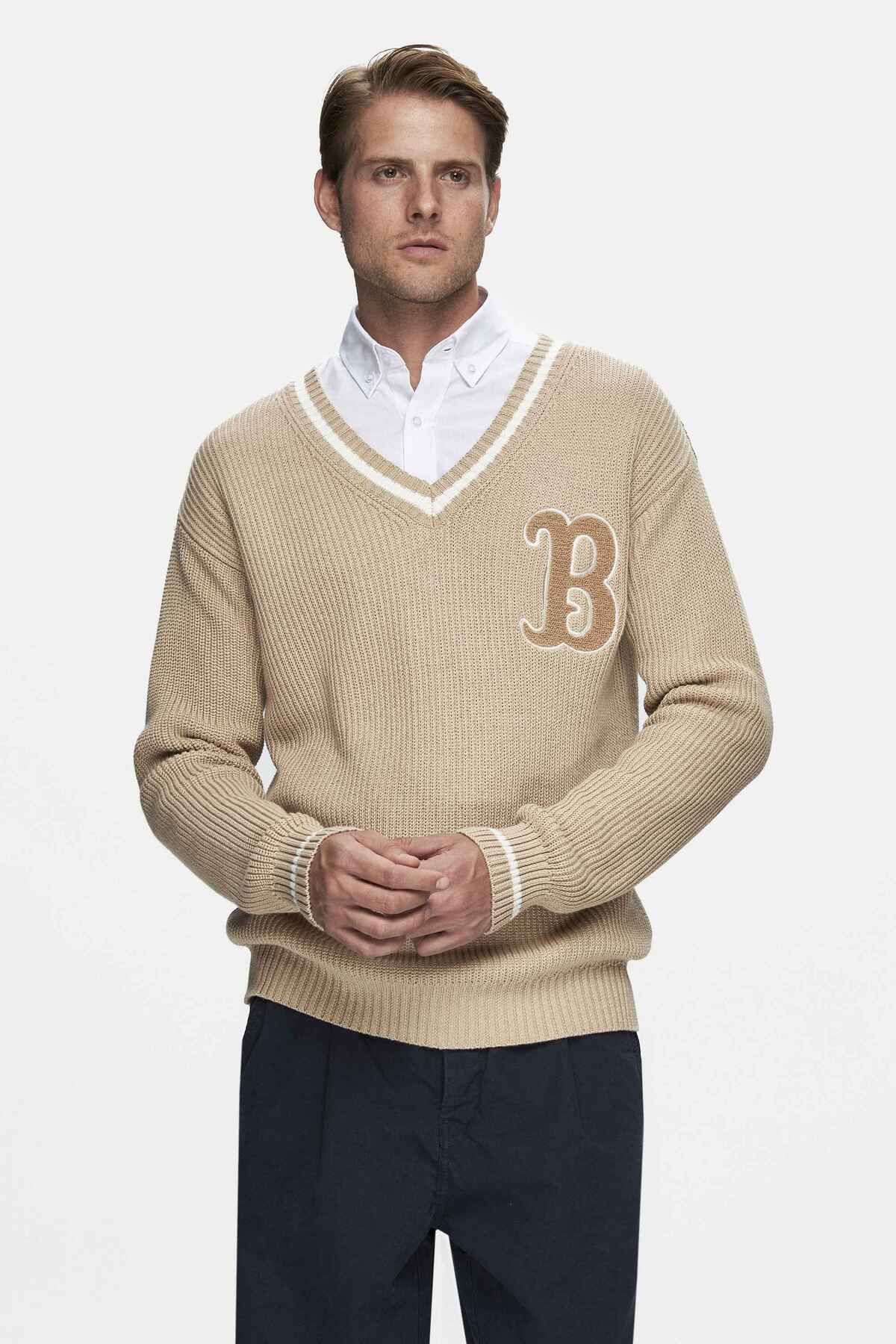 UCLA-Heyoka Dark Beige Crew Neck Embroidered Loose Fit Men's Knitwear 1