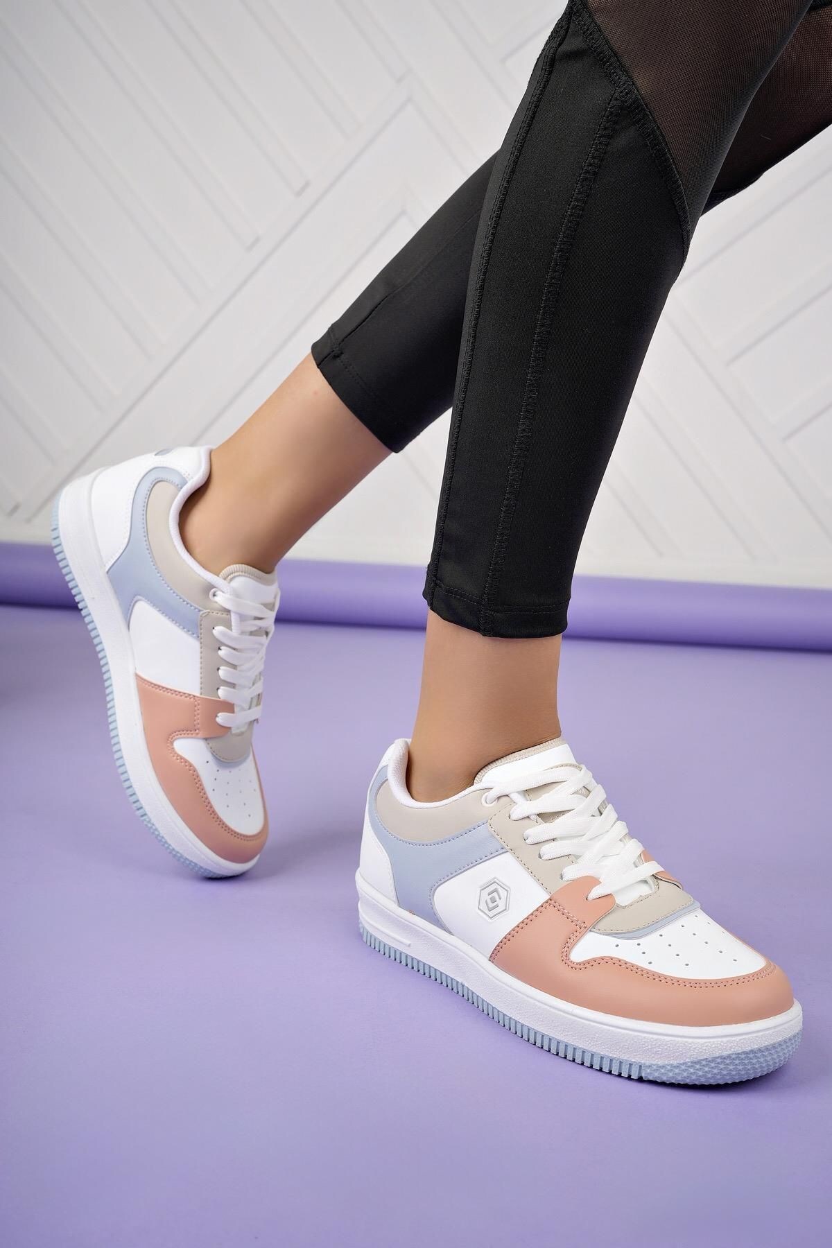 Comfort Taban Bağcıklı Kadın Spor Ayakkabı Günlük Sneaker  Beyaz /Pudra