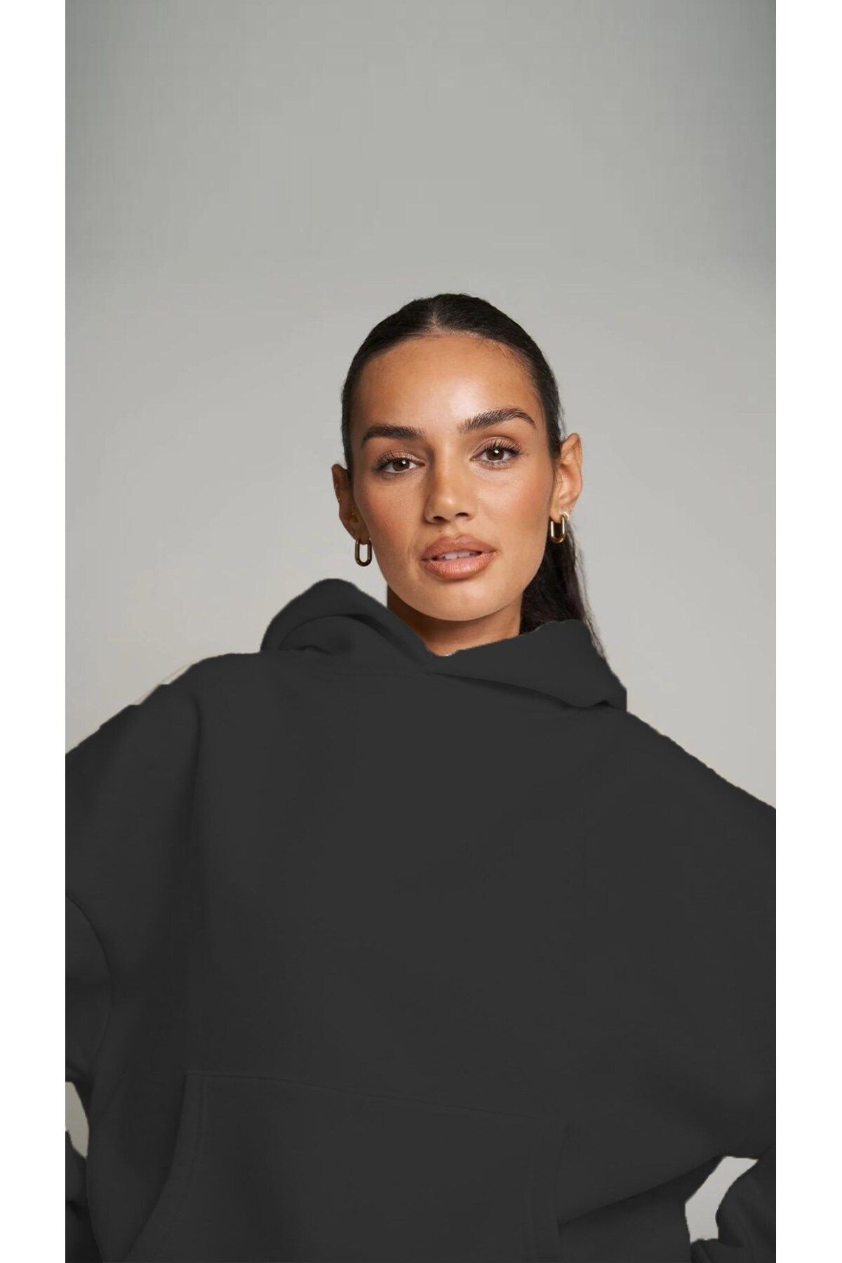 The Champ Clothing-Black Hooded Basic Elastic Waist Pipe Oversize Tracksuit Set with Pockets 6
