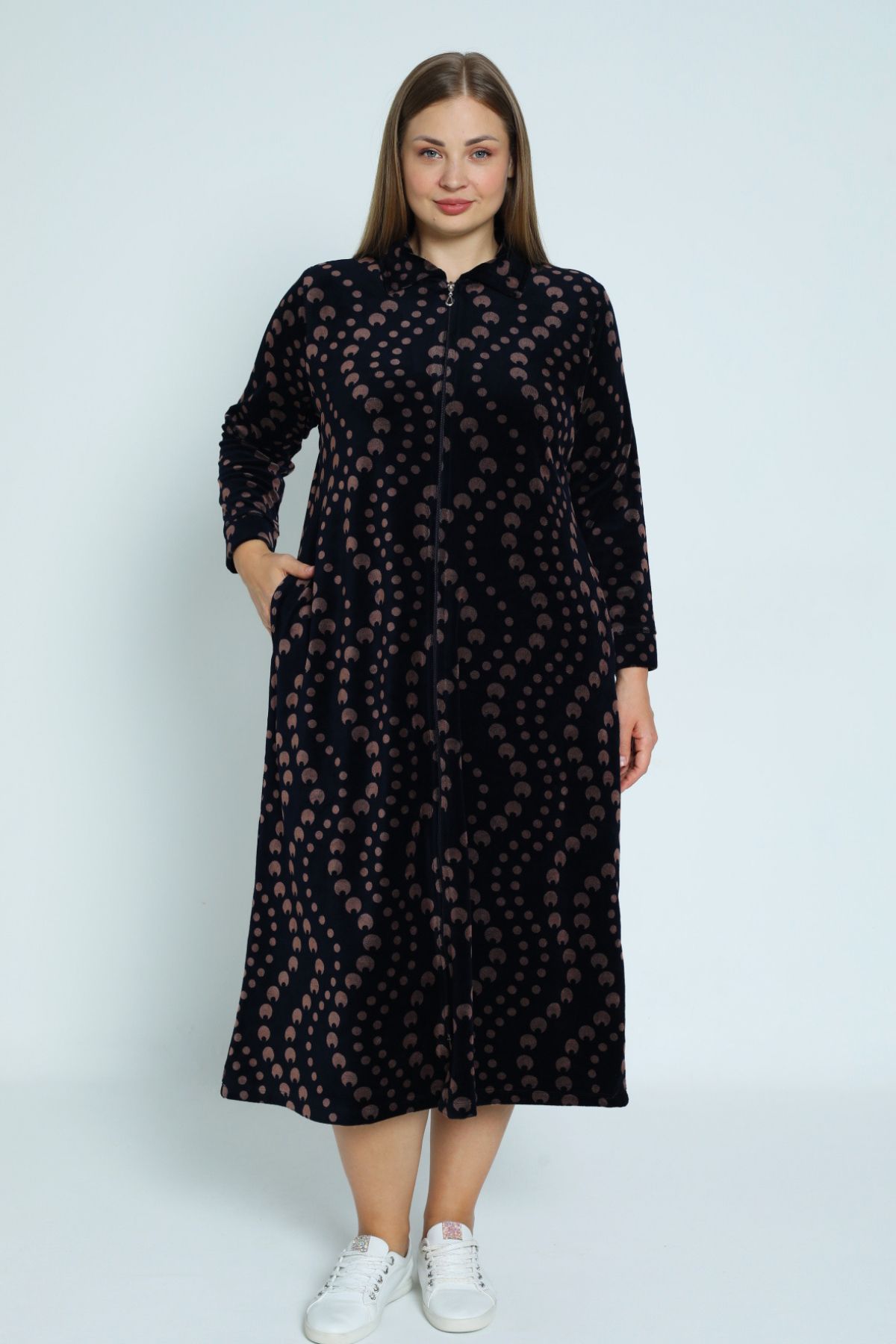 robe longue en velours de coton à manches longues avec poches zippées pour femmes de taille supérieure bleu marine