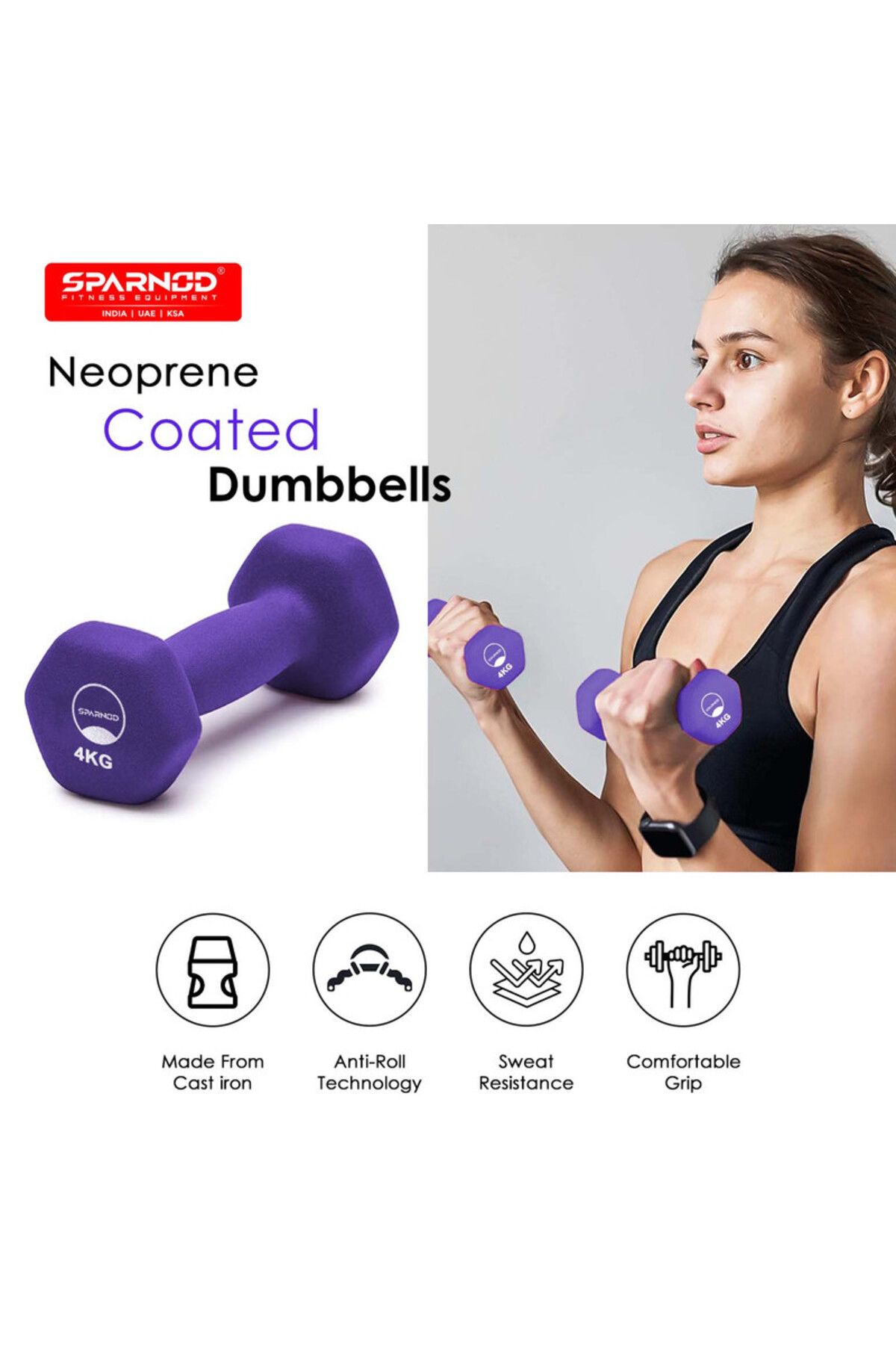 Sparnod Fitness-4Kg Pair Purple Cast Iron Hex Dumbbells, Non-Slip, Rubber Coated, (SDN-4_PAIR) 2