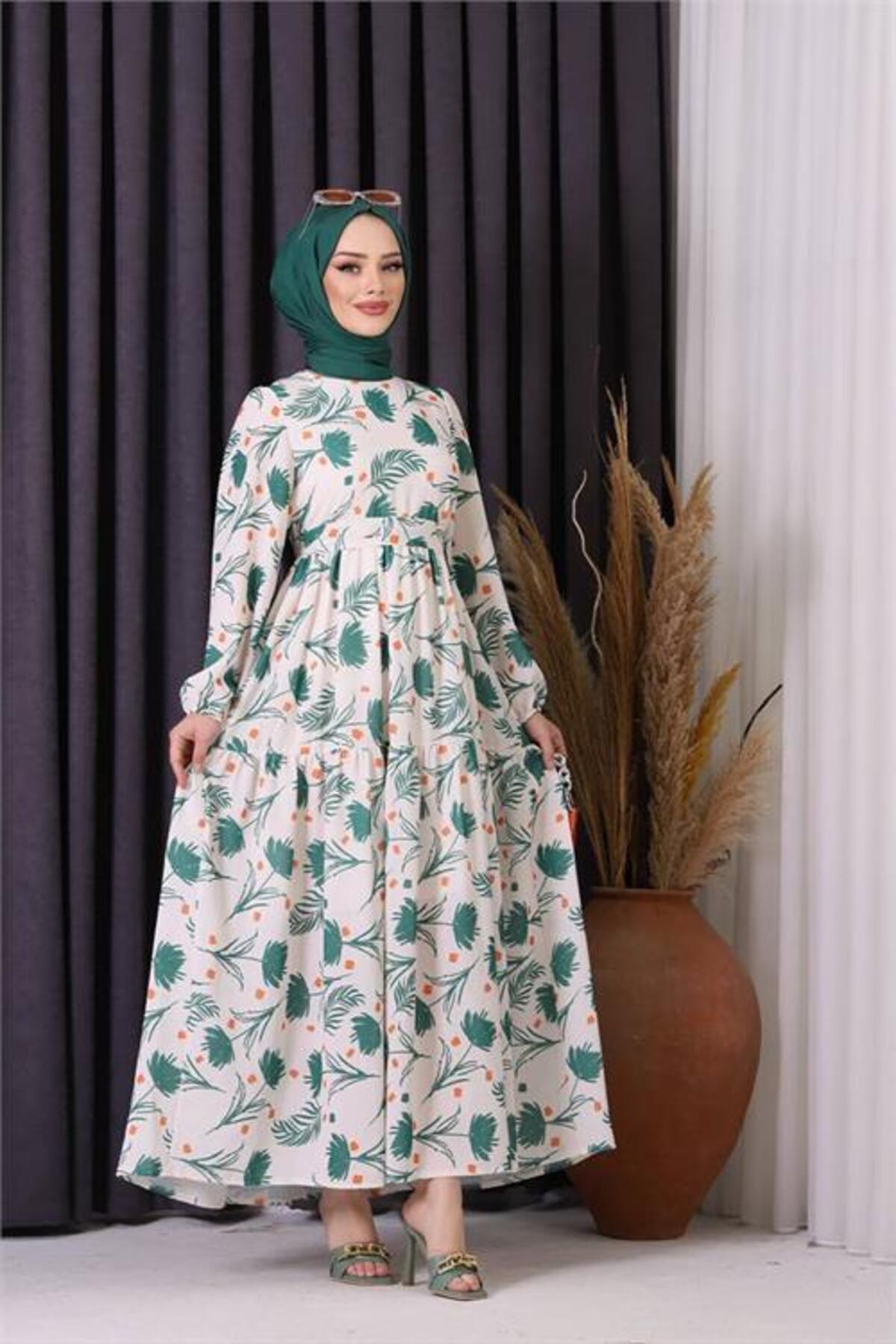 women's linen patterned hijab dress SMS002 - Beige