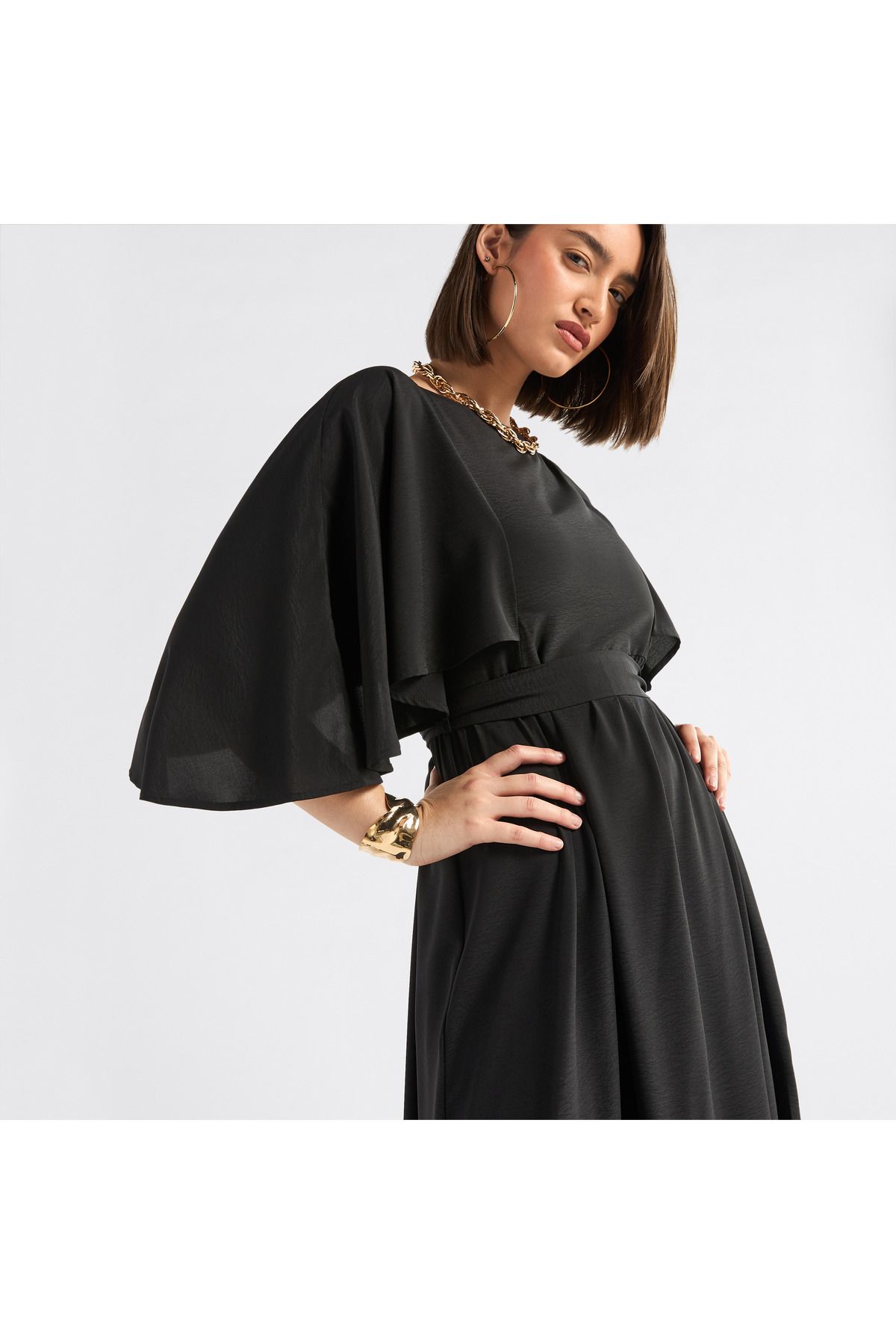 FAV-Solid Midi Dress with Flutter Sleeves and Tie-Up Belt 4