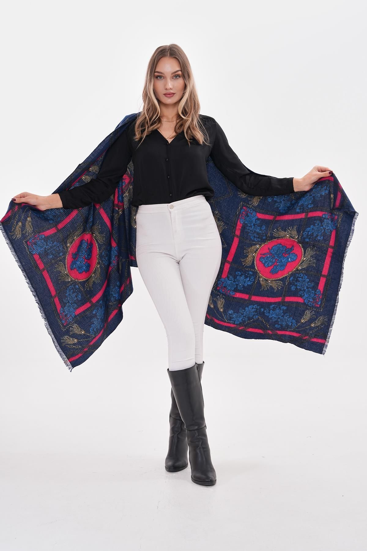 Axesoire-15288 Hyacinth Patterned Navy Blue Thick Shawl 1