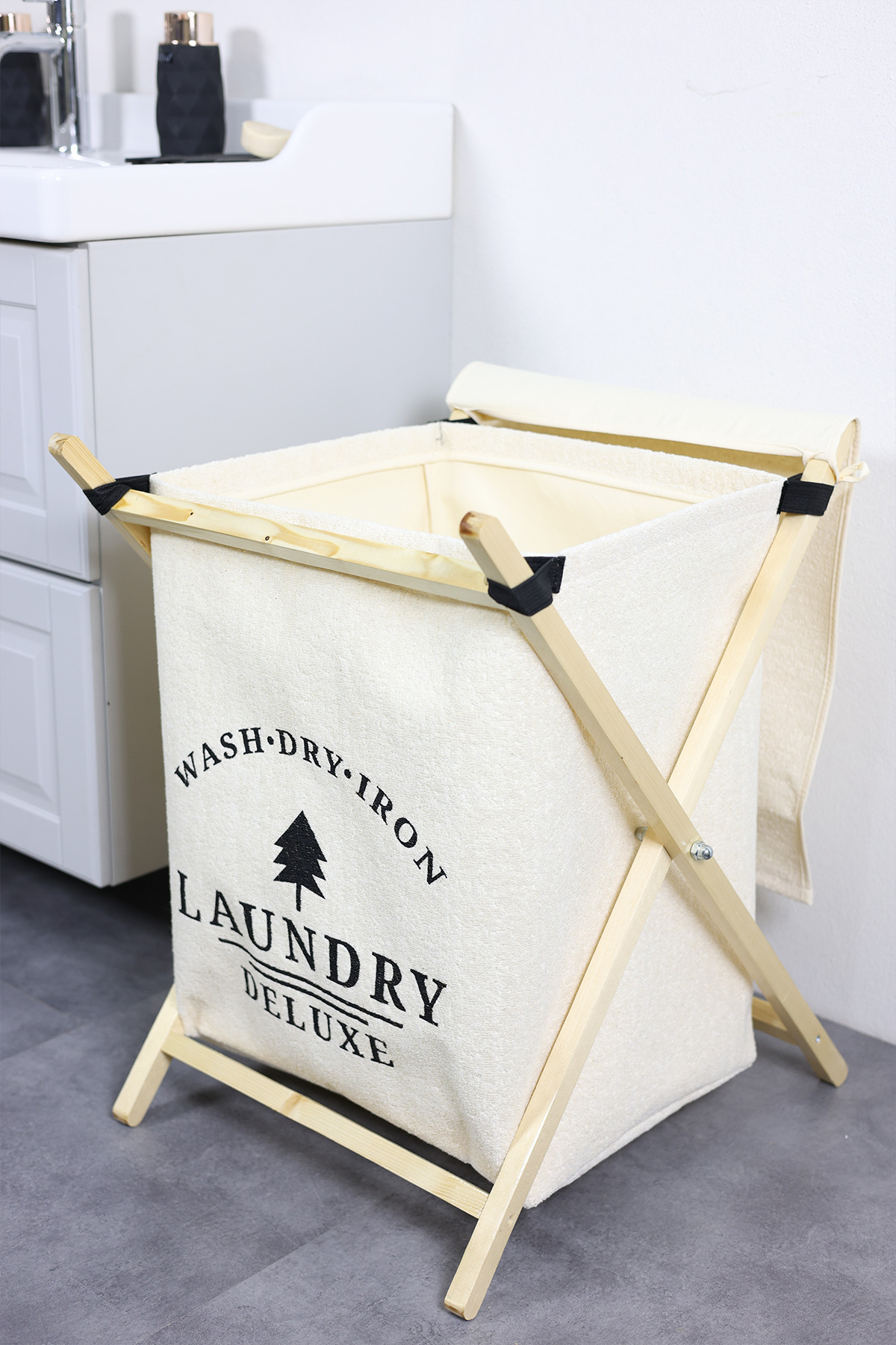 PH Prendi Home Laundry Baskılı Kapaklı Ahşap Destekli Kare Kıyafet Kirli Çamaşır Sepeti  40 x 30 x 50