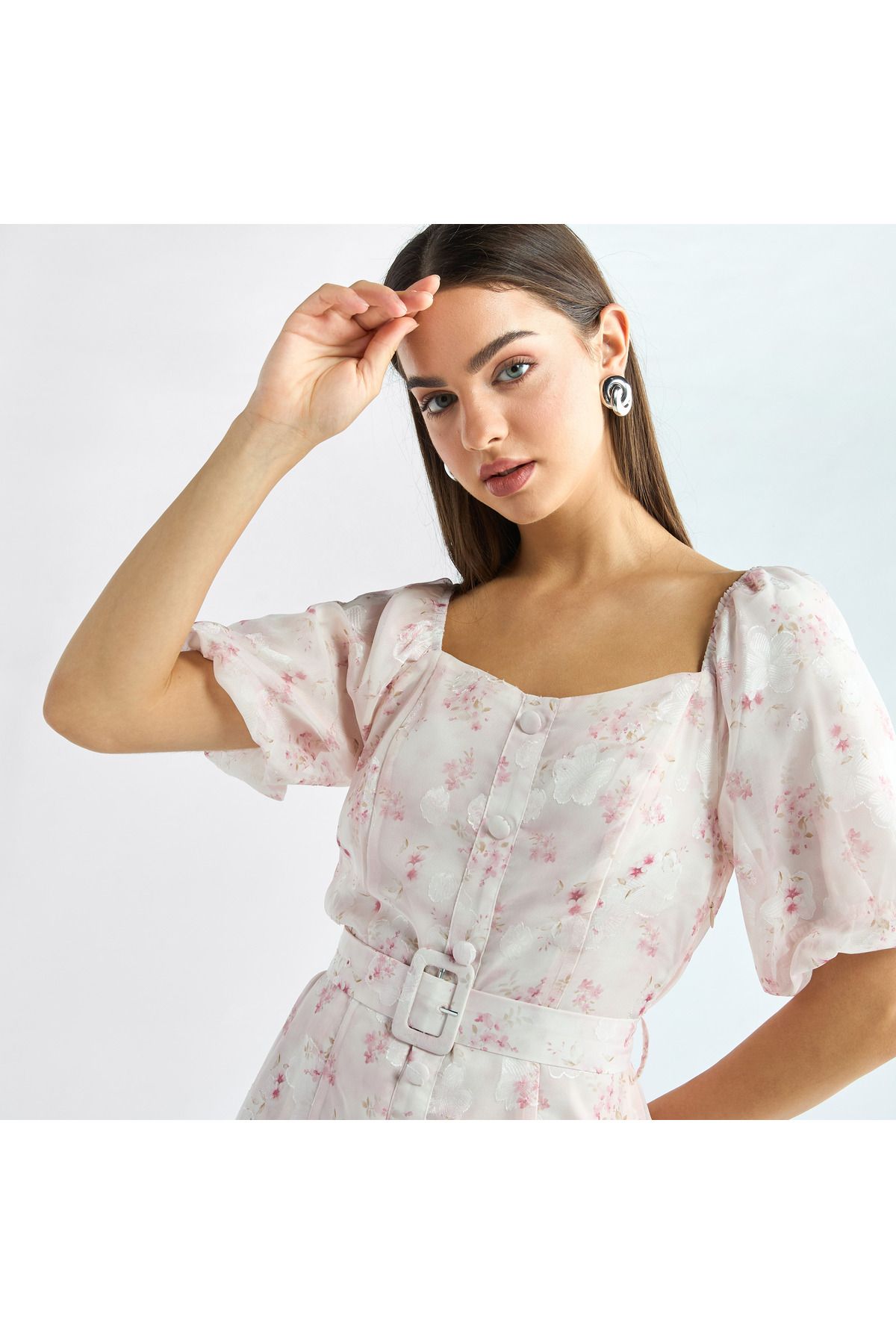 FAV-Floral Print Square Neck Shirt Dress with Short Sleeves and Belt 4