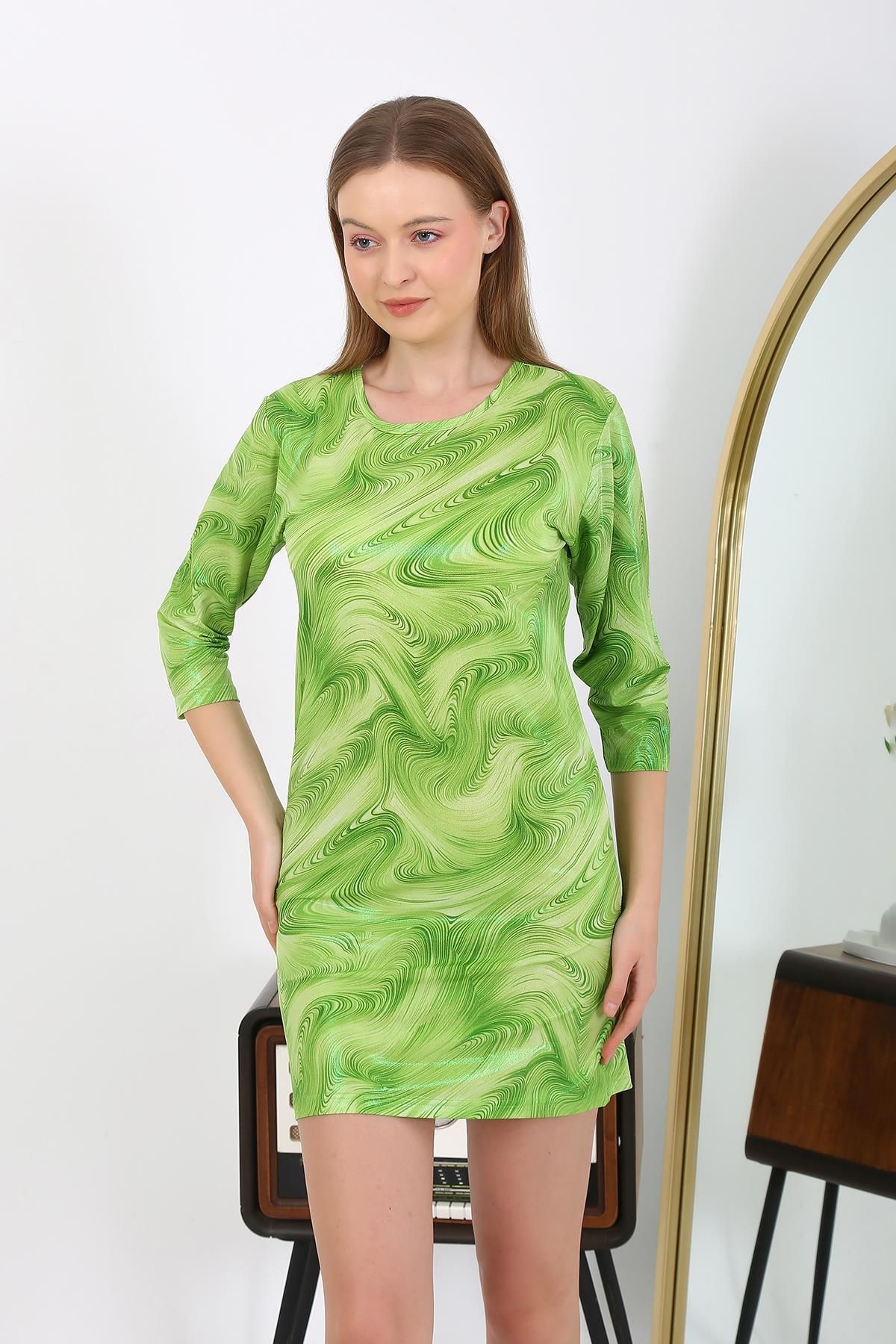 Akbeniz-Green Micro Fabric Mini Shiny Women's Dress - 7420 4