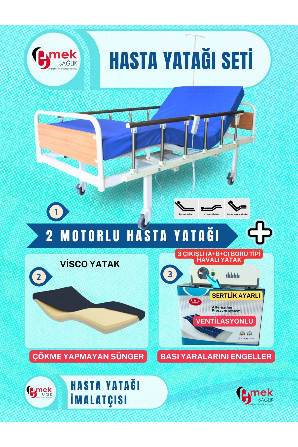 emek sağlık 2motorlu Mdf Başlıklı Hasta Karyolası+visco Yatak+ 3 Çıkışlı Abc Sistem Boru Tipi Havalı Yatak