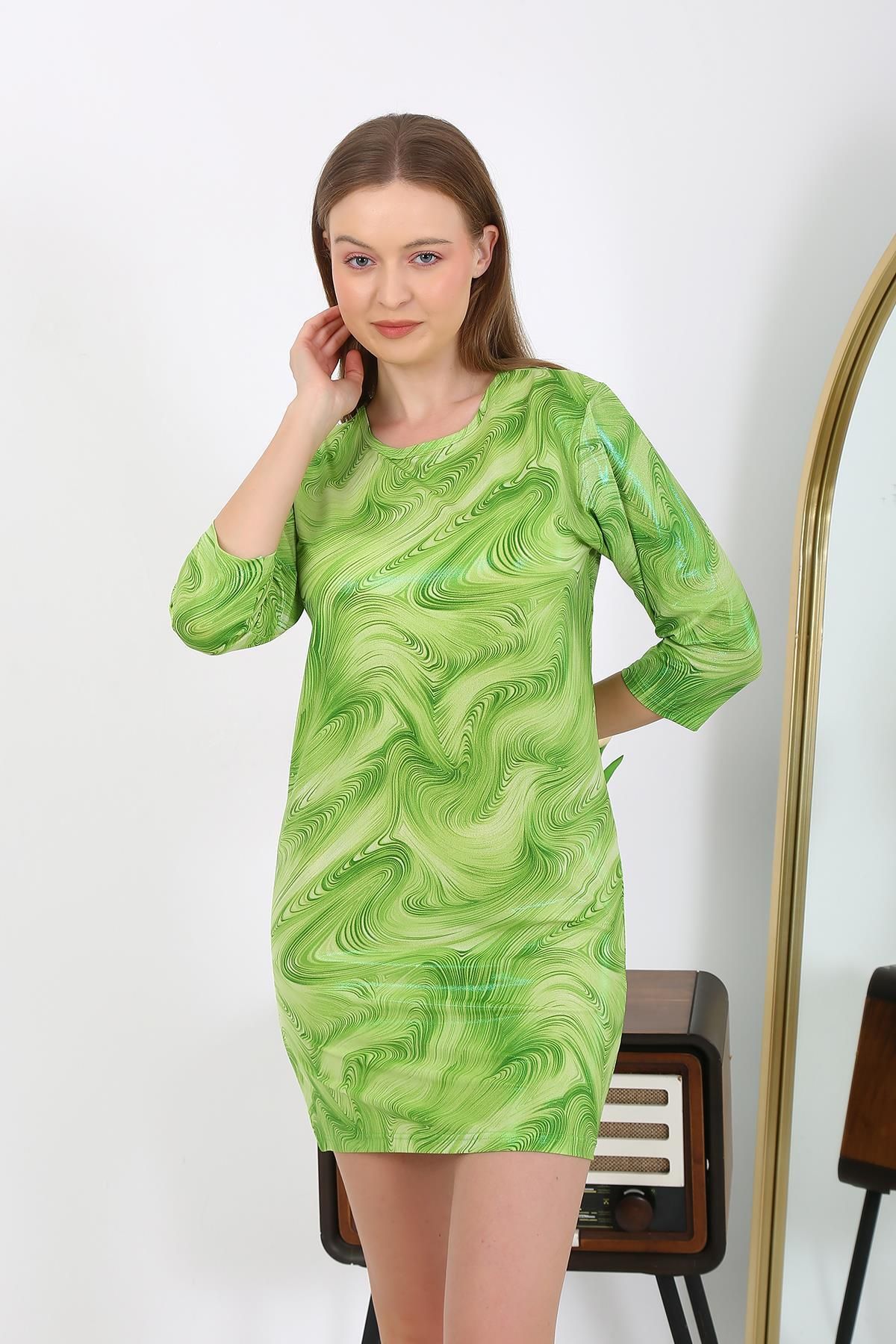 Akbeniz-Green Micro Fabric Mini Shiny Women's Dress - 7420 3