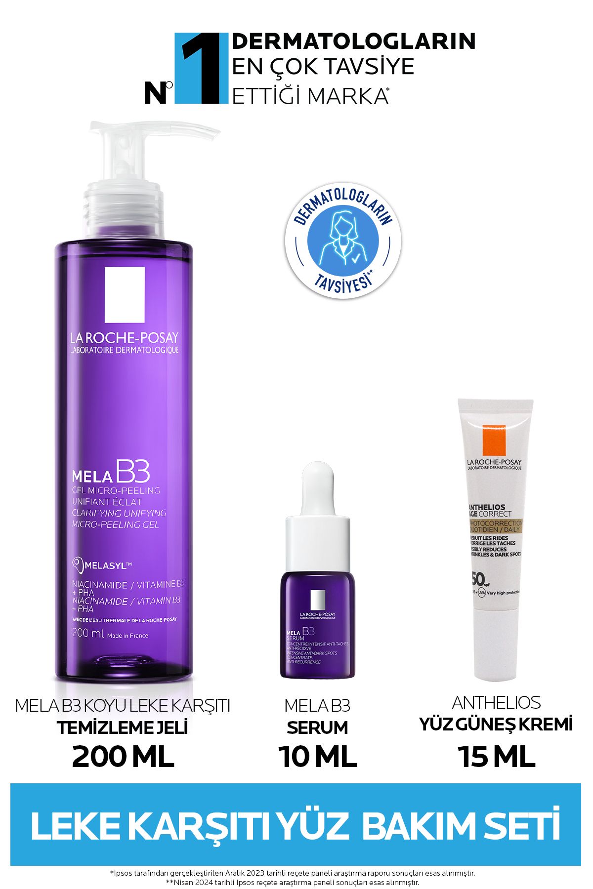 Leke Karşıtı Cilt Bakım Seti:Mela Temizleme Jeli 200ML&Mela Serum10ML&Age Correct Güneş Kremi 15ML