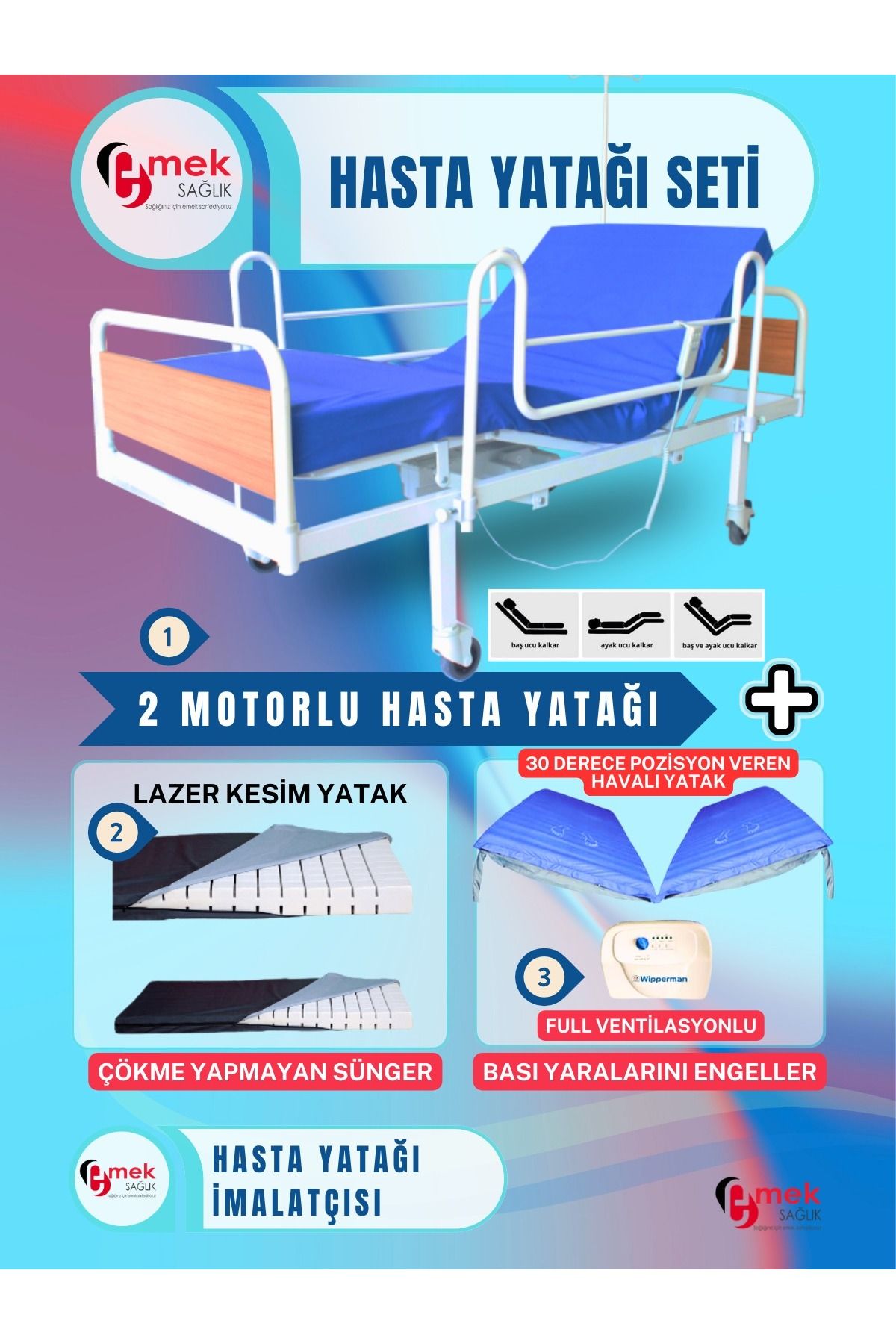 emek sağlık 2 Motorlu Ekonomik Hasta Karyolası + Lazer Kesim Yatak + 30 Derece Pozisyon Veren Havalı Yatak Takım