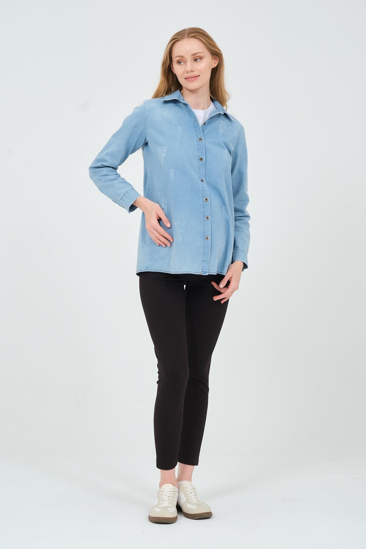 BUSA-Blue Maternity Long Sleeve Denim Shirt 4