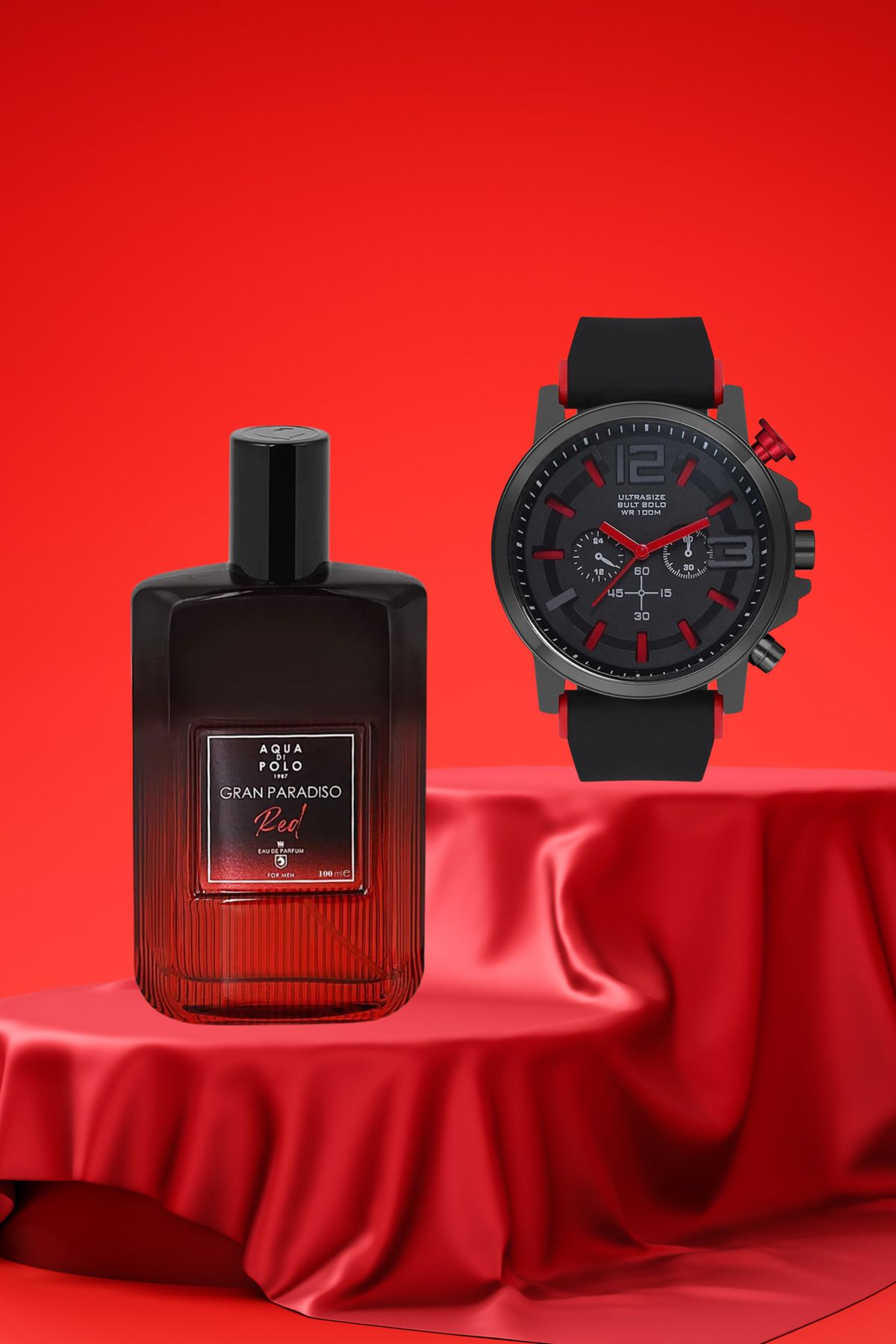 Silikon Siyah Erkek Kol Saati Ve Gran Paradiso Red 50 ml Erkek Parfüm Set