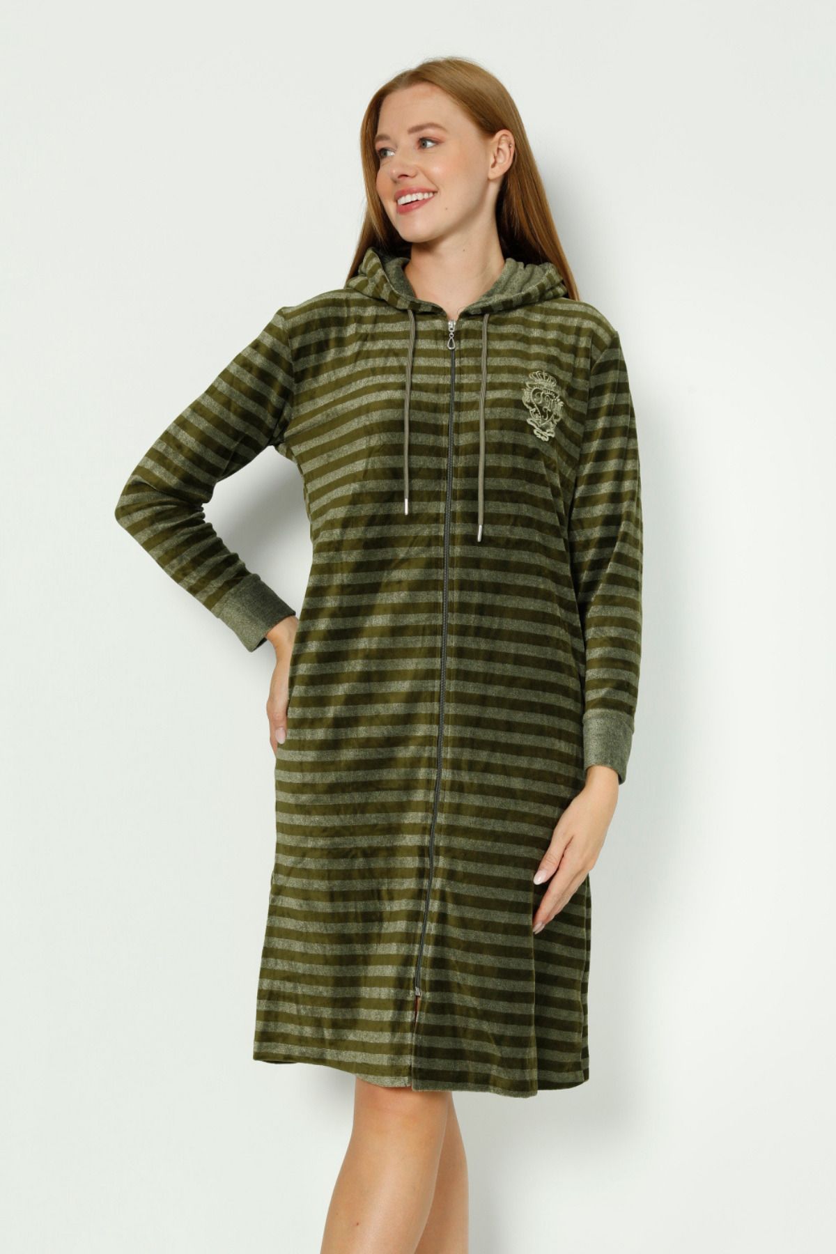 İntensive-Khaki Striped Hooded Embroidery Detailed Cotton Velvet Long-Sleeved Women's Dress 2