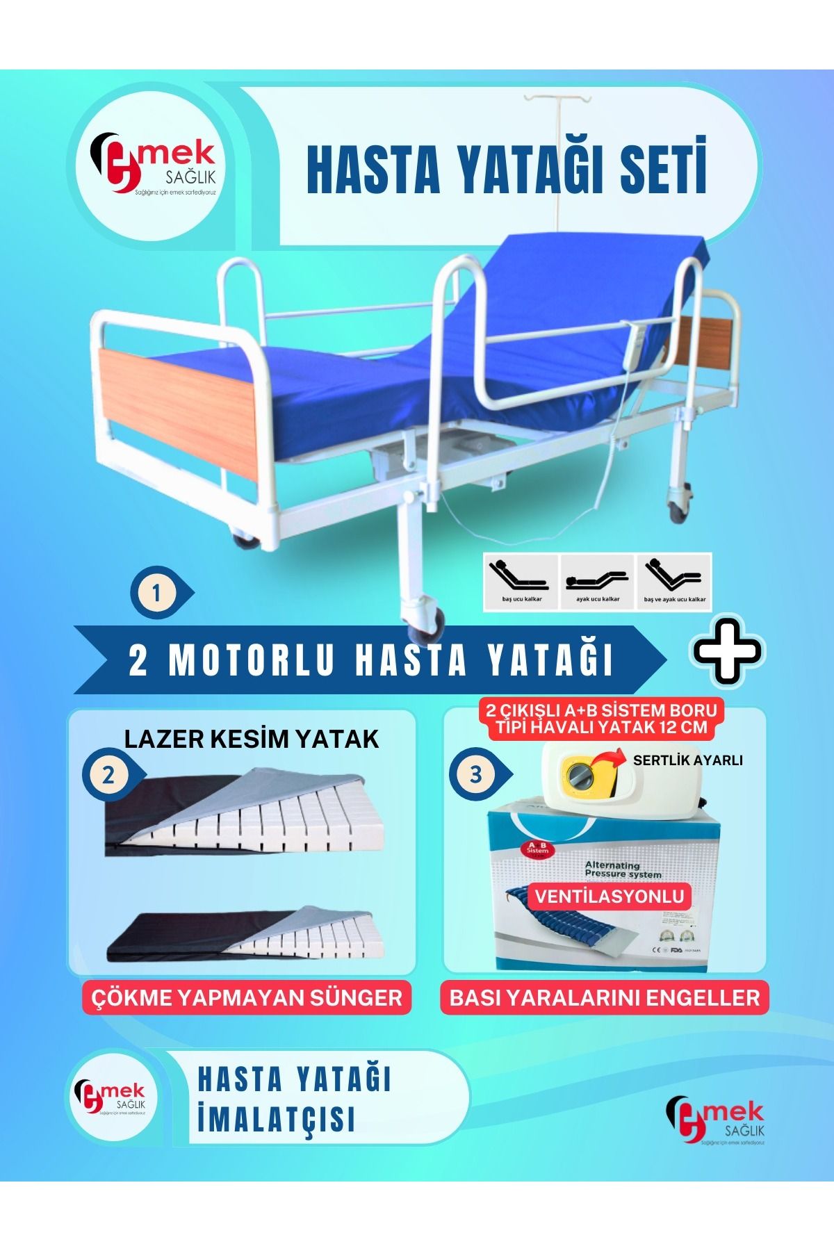 emek sağlık 2Motorlu Ekonomik Hasta Karyolası+Lazer Kesim Yatak+2Çıkışlı AB Sistemli 12cm Boru Tipi Havalı Yatak