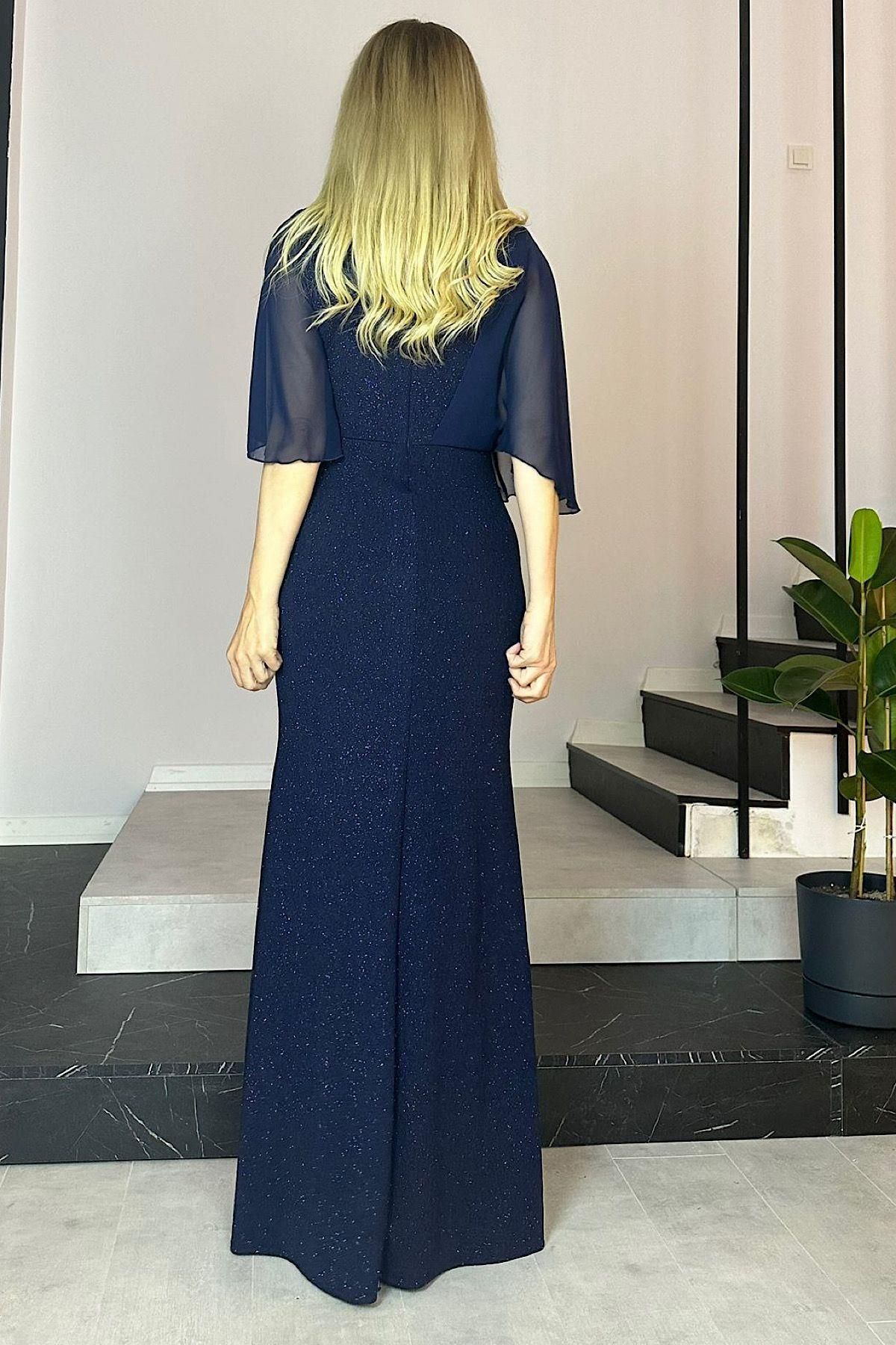 gesmoda-G1179 Stone Detailed Chiffon Sleeves Maxi Evening Dress Navy Blue 2