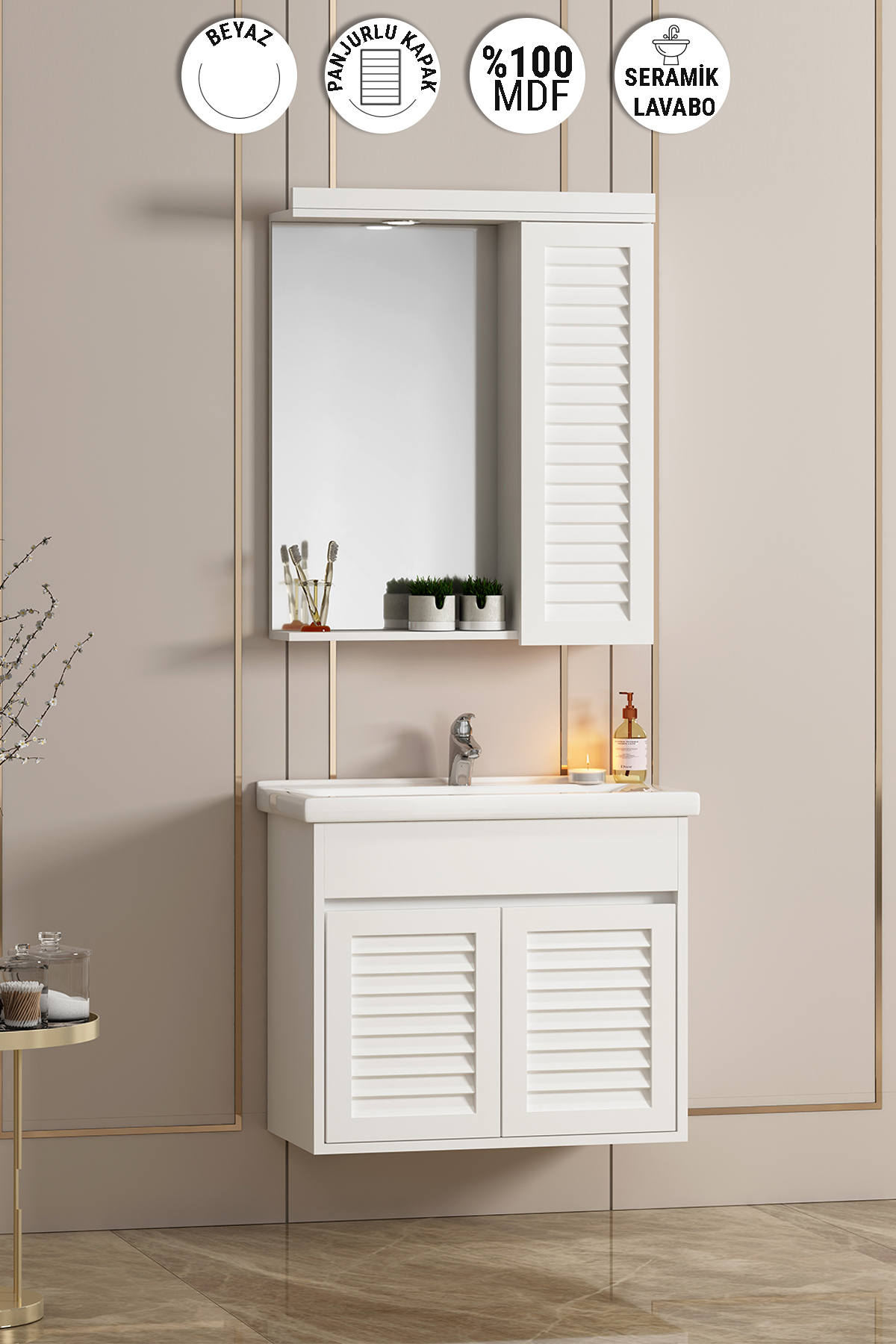 Çuha 55 cm Beyaz MDF Panjur Balon Kapak Seramik Lavabolu Asma Banyo Dolabı Takımı