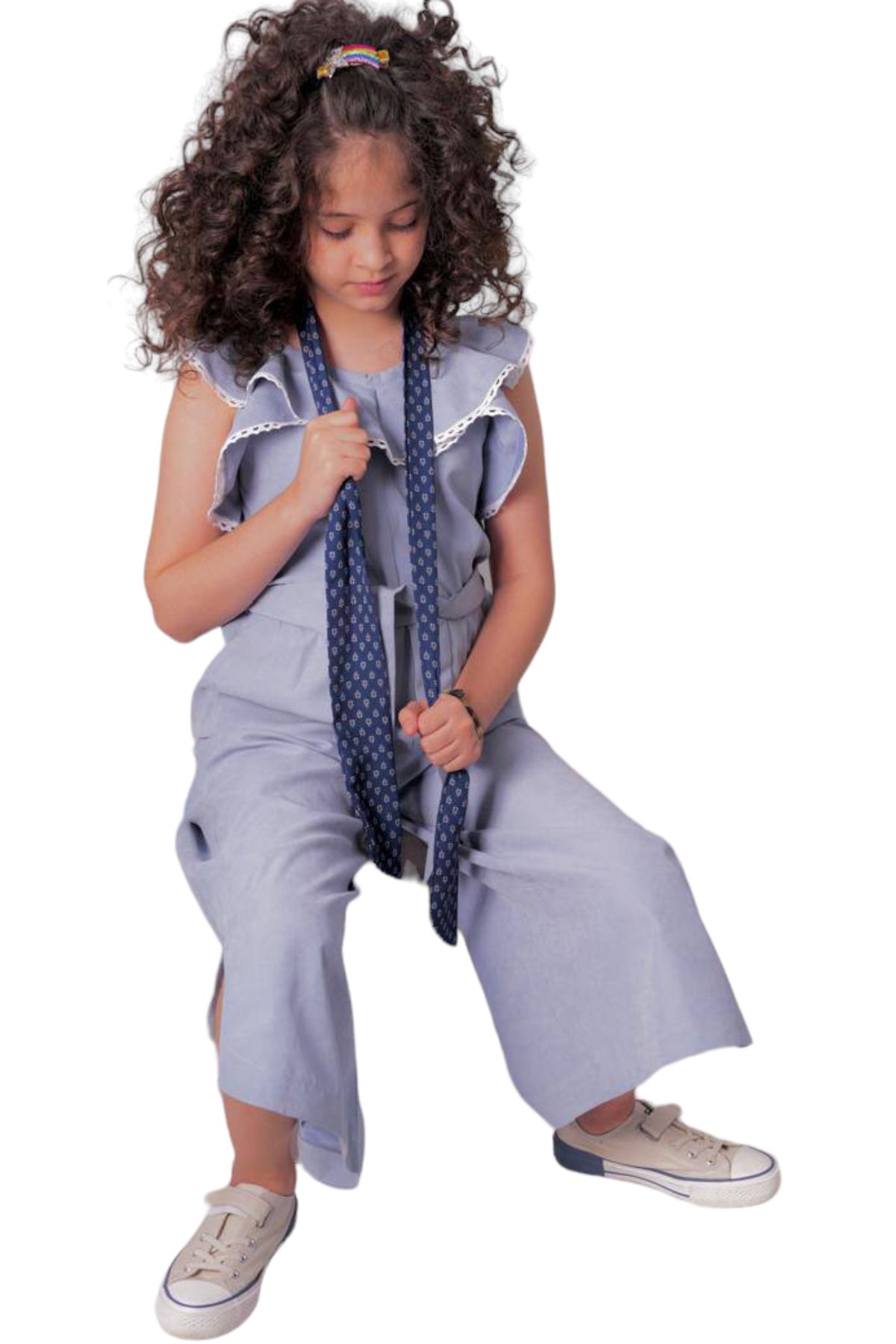 İrem Çocuk Giyim-Gray Micro Fabric - Girl's Jumpsuit, Laced Collar, Pocket and Belted Waistband 3