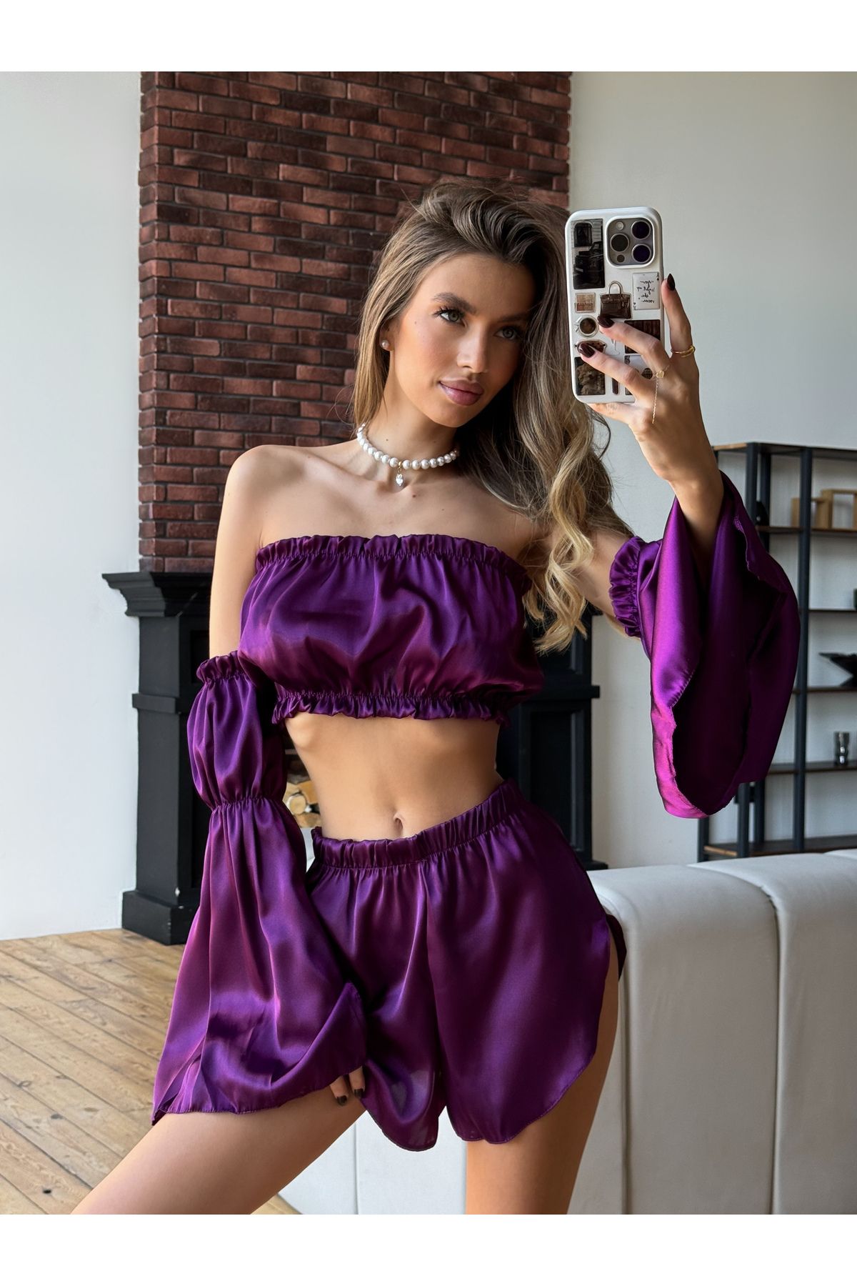 EDLİNGERİE-Elsa Satin Frilly Pyžamový set - Slivka 3