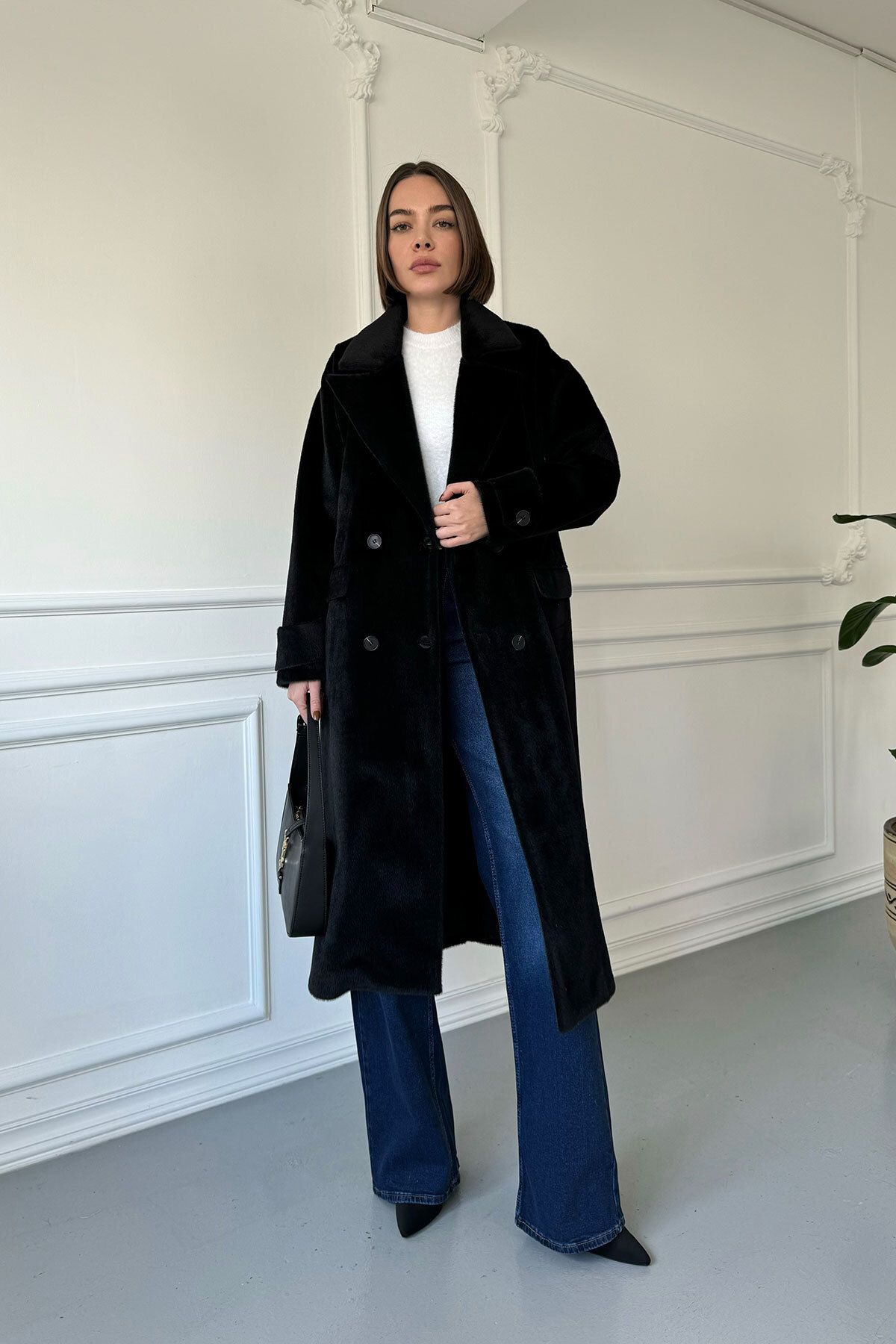 MAGARDE-Langer Federmantel mit doppelter Tasche – SCHWARZ 1