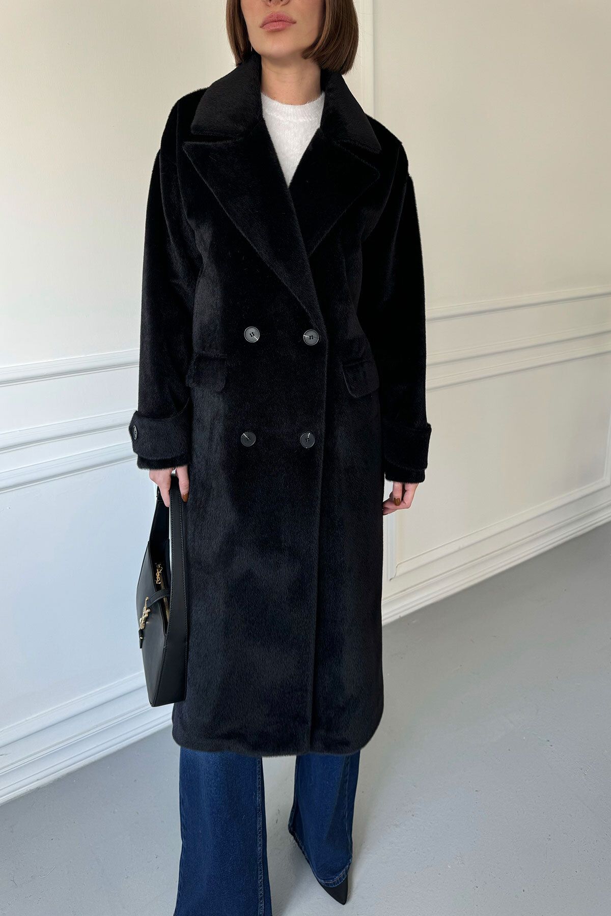 MAGARDE-Langer Federmantel mit doppelter Tasche – SCHWARZ 2