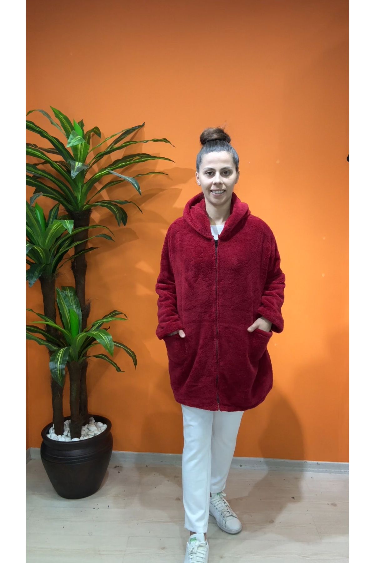 Kardelen Butik Ümraniye-Burgundy Loose Zippered Fleece Cardigan 3