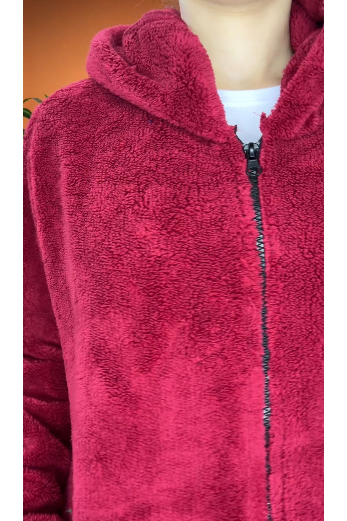 Kardelen Butik Ümraniye-Burgundy Loose Zippered Fleece Cardigan 2