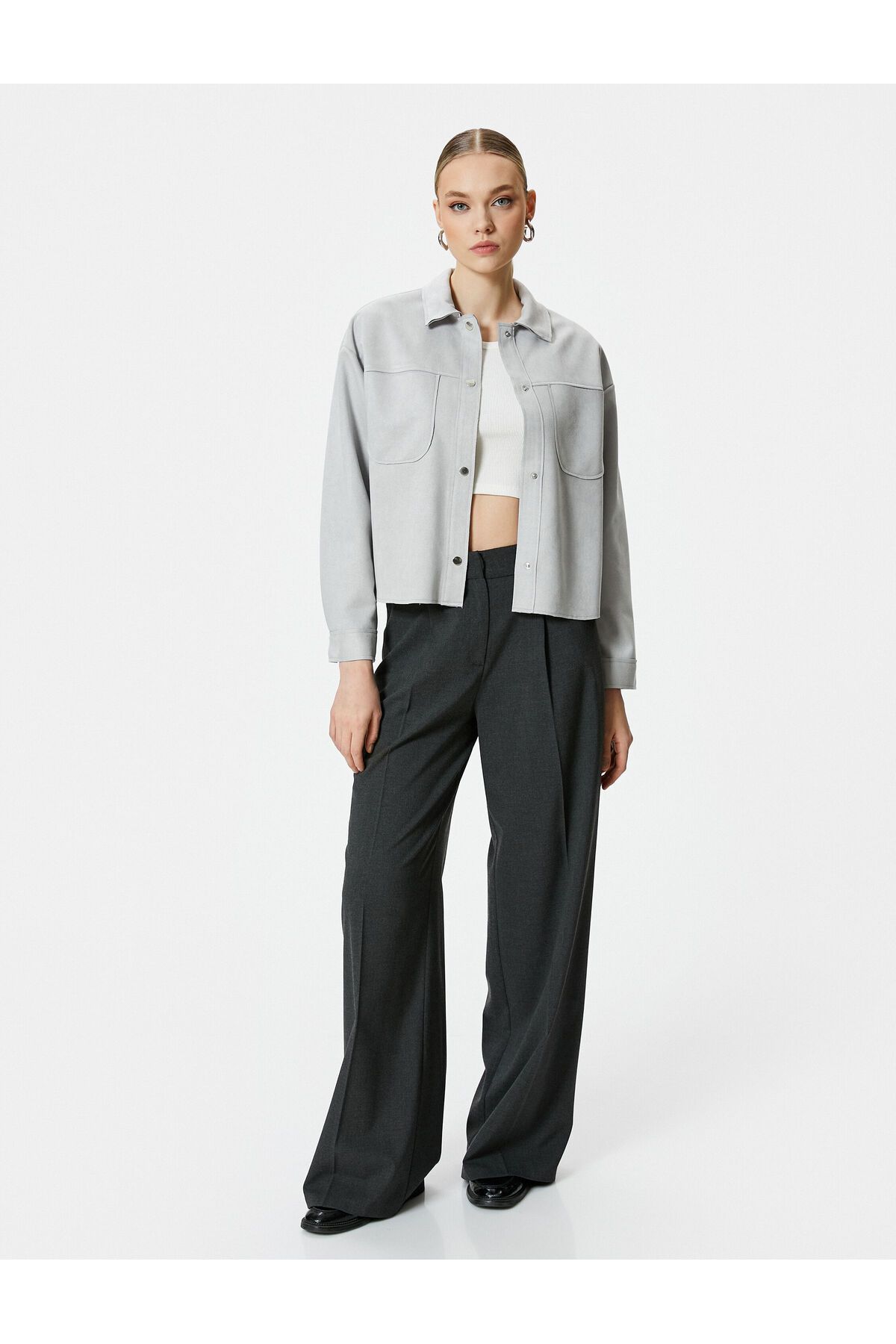 Koton-Suede Jacket Snap Button Classic Collar Pocket 2