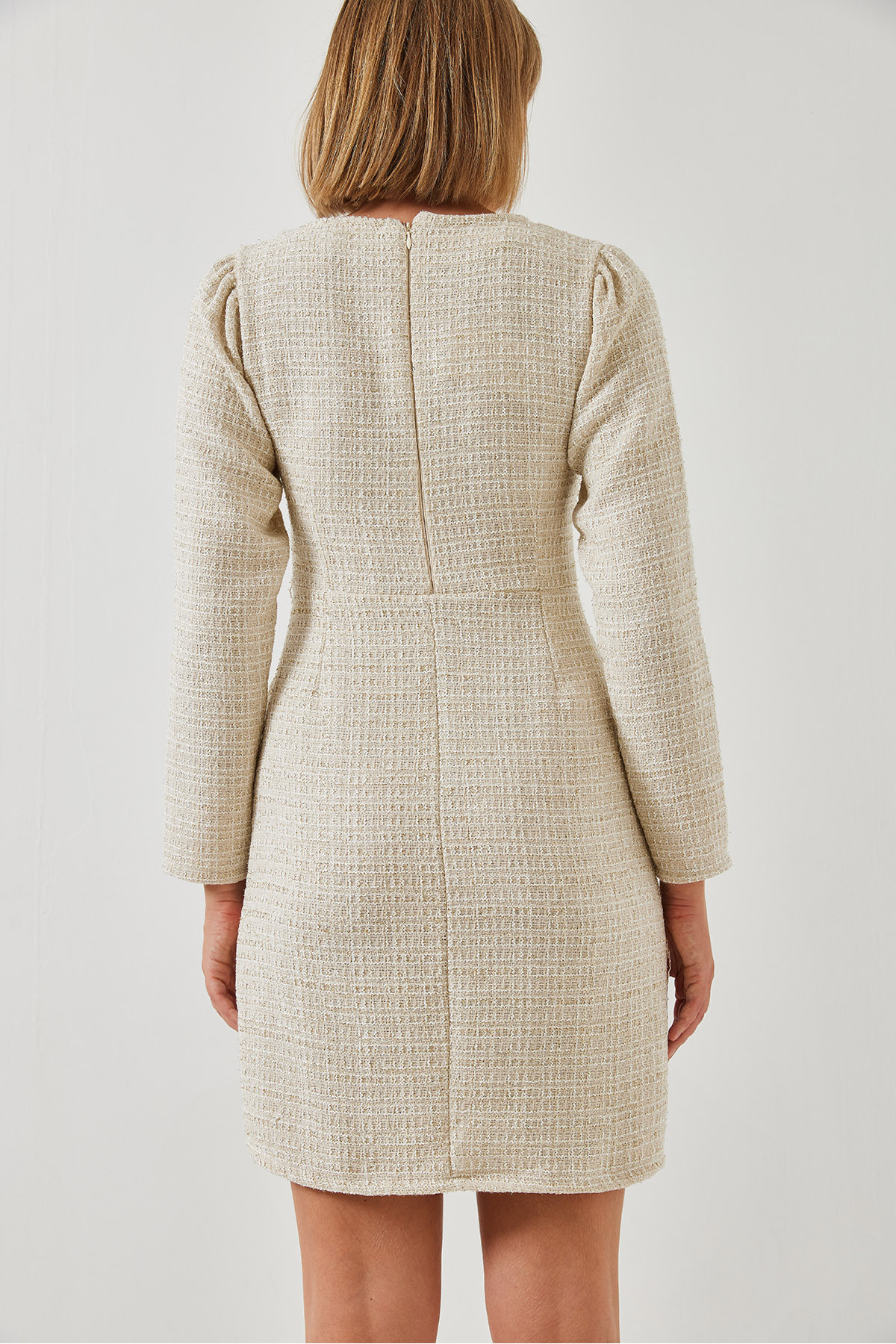 LUCCI Buttoned Pocket Tweed Mini Dress with Crew Neck 3