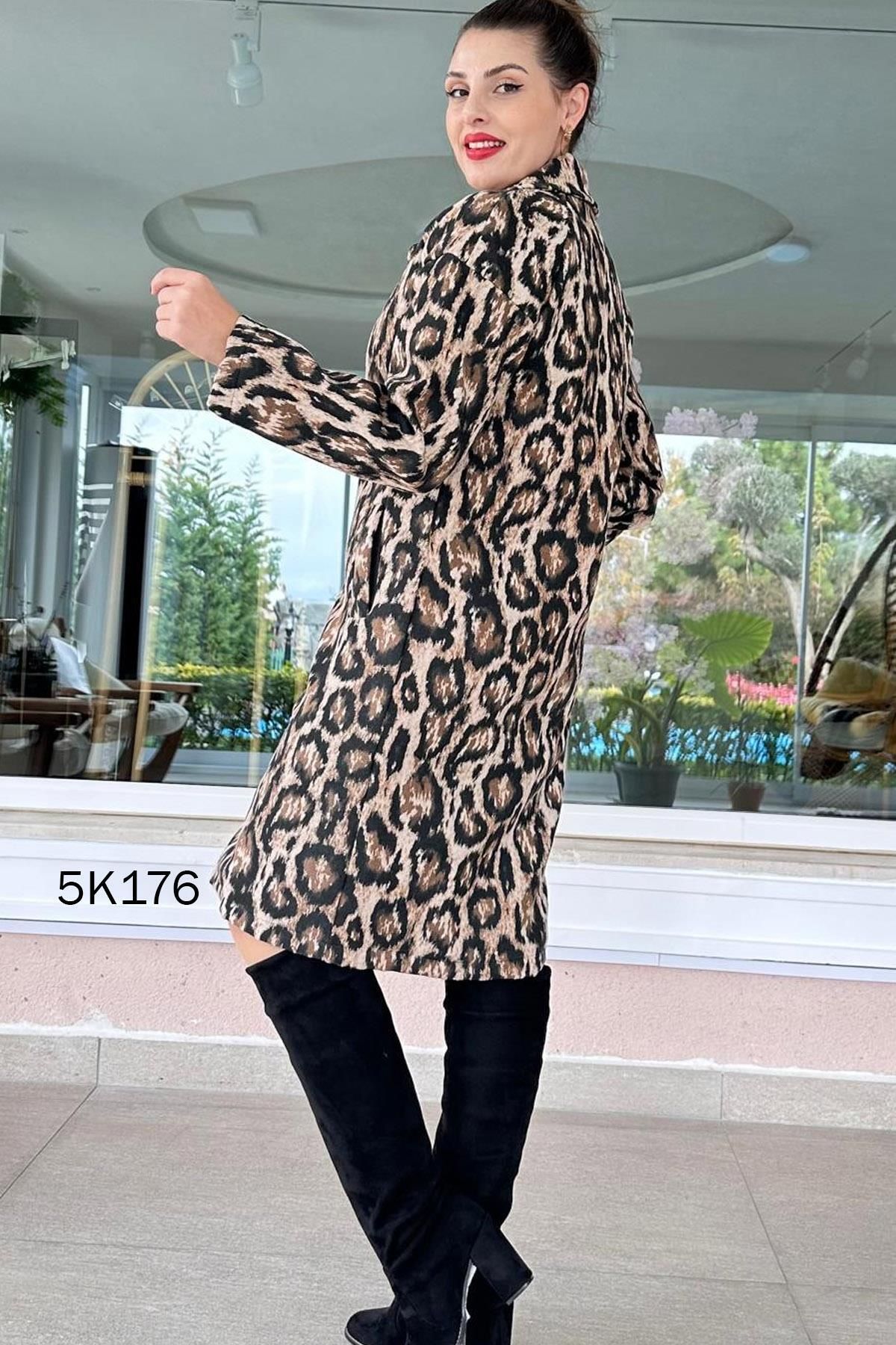 İnce Topuk-5K176 Model Leopard Patterned Cashmere Coat 3