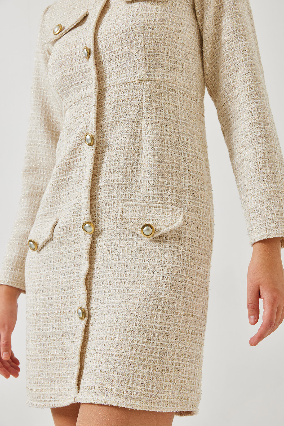 LUCCI Buttoned Pocket Tweed Mini Dress with Crew Neck 2