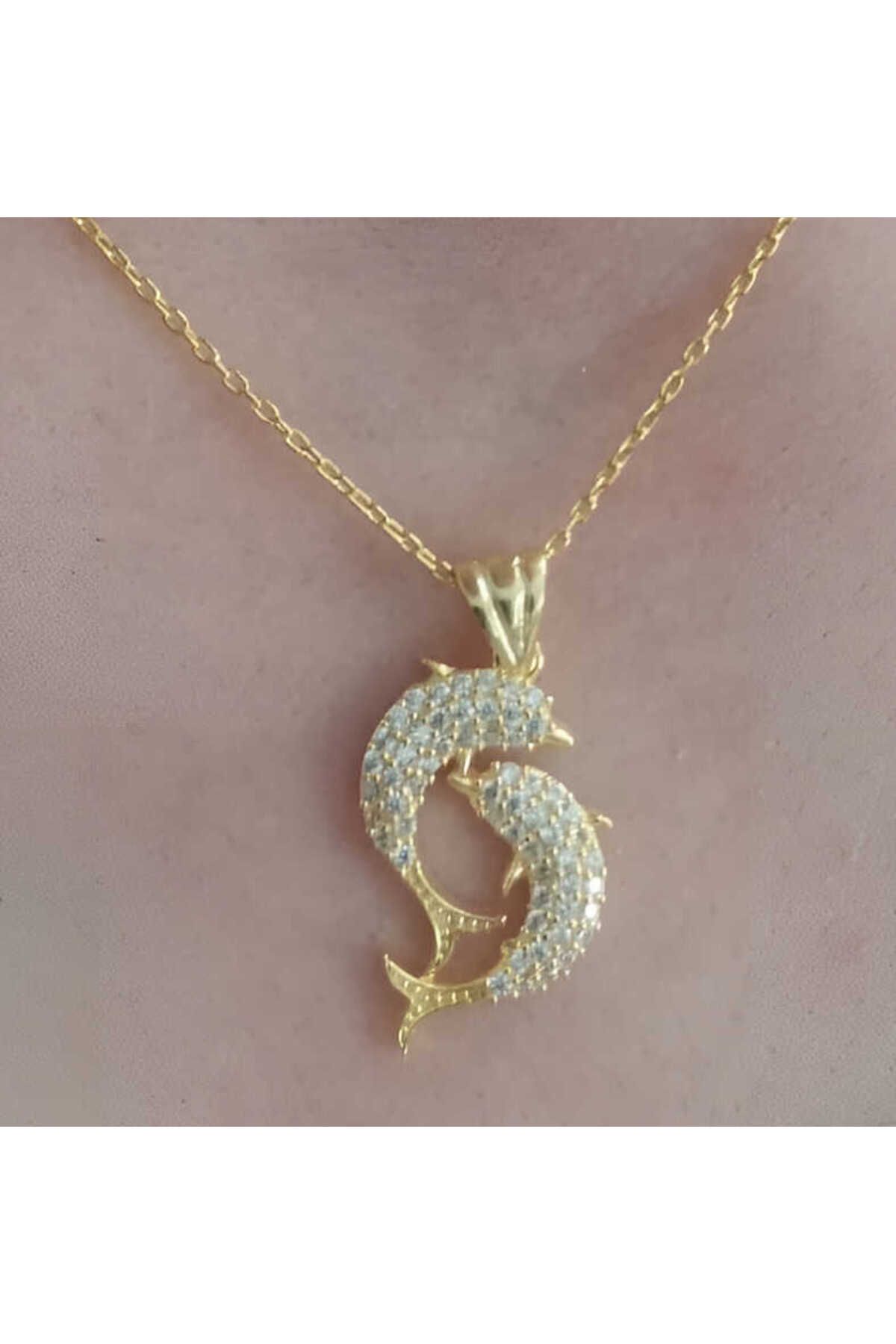 NİDAM BUTİK Gümüş Gold Çift Yunus Balığı Kadın Kolye