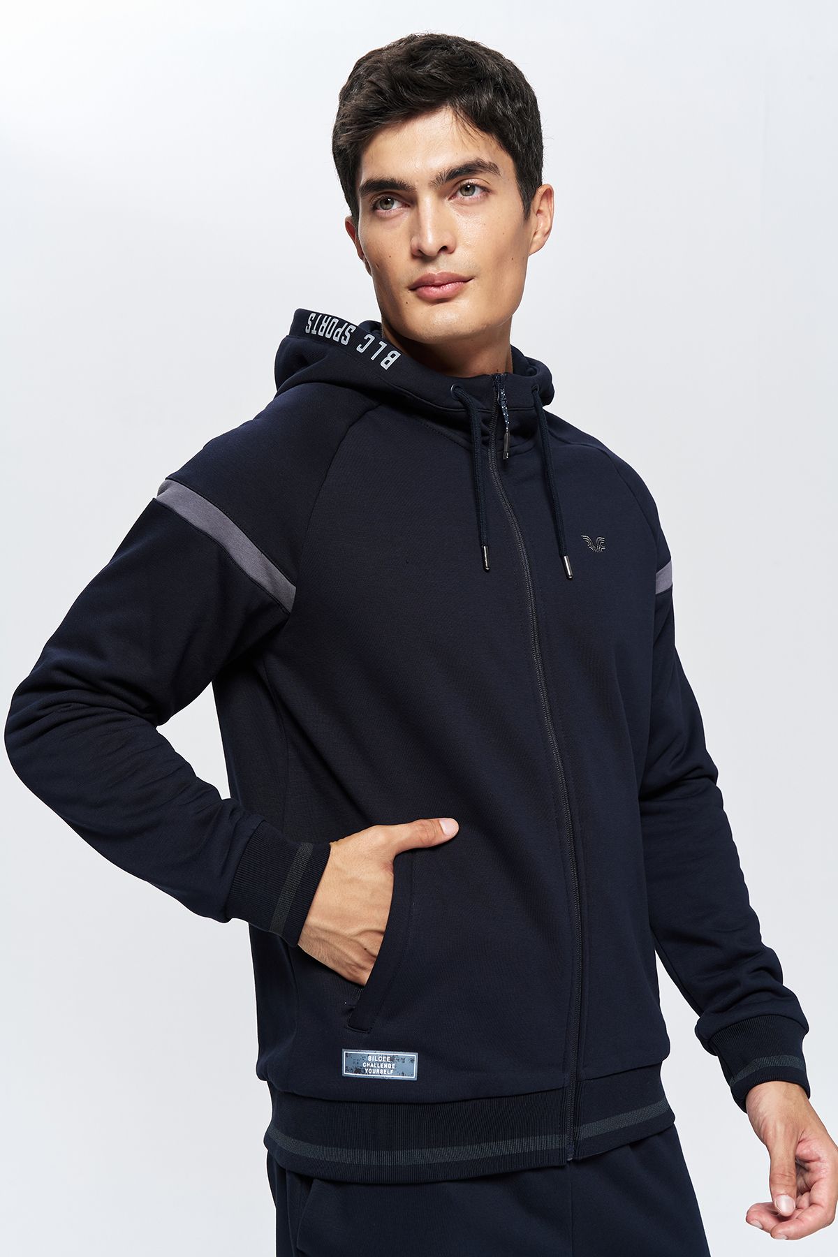 bilcee-Men's Dark Navy Blue Stand Collar Fleece Inside Lower Top Tracksuit Set 9811 7